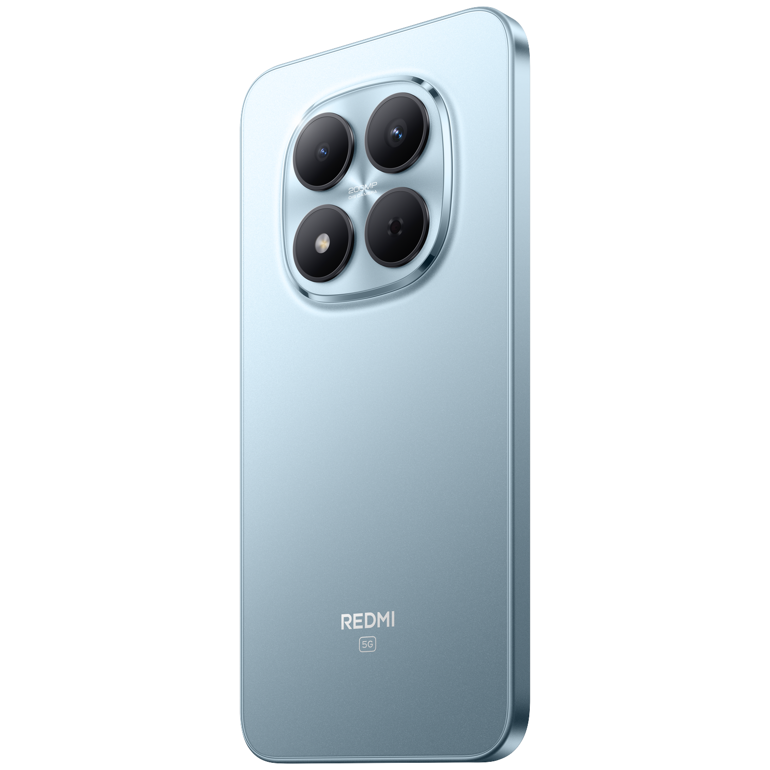 A light blue smartphone with four cameras on the back and the Redmi logo.