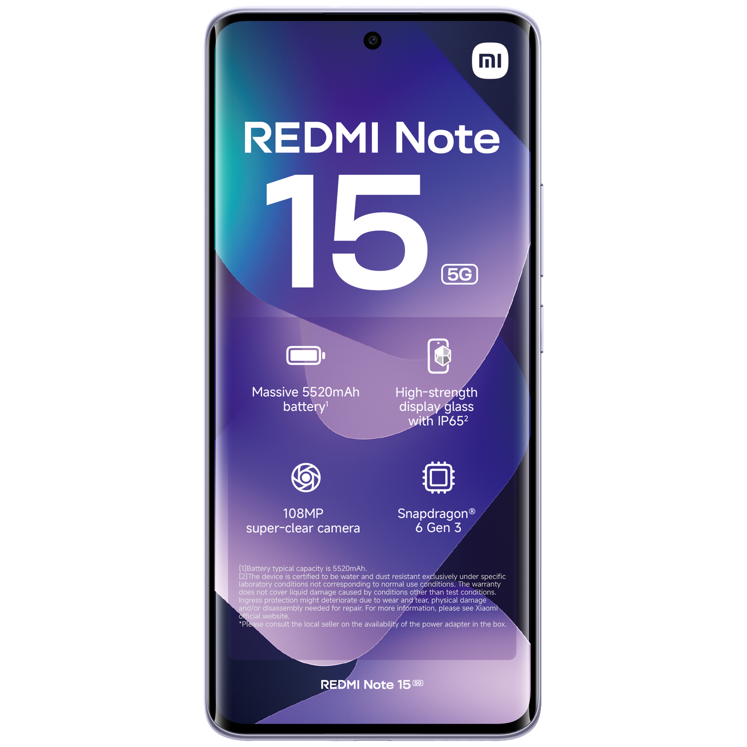 Redmi Note 15 5G phone with 5520mAh battery, 108MP camera, IP65 rating.