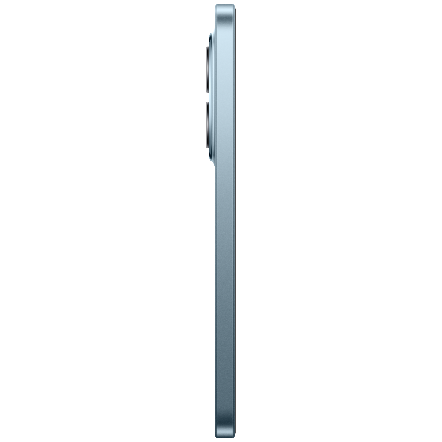 A light blue smartphone with two camera lenses is shown from the side.