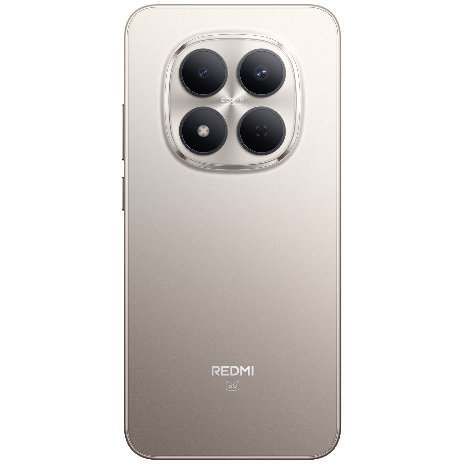Back of a gold smartphone with four cameras and Redmi logo.