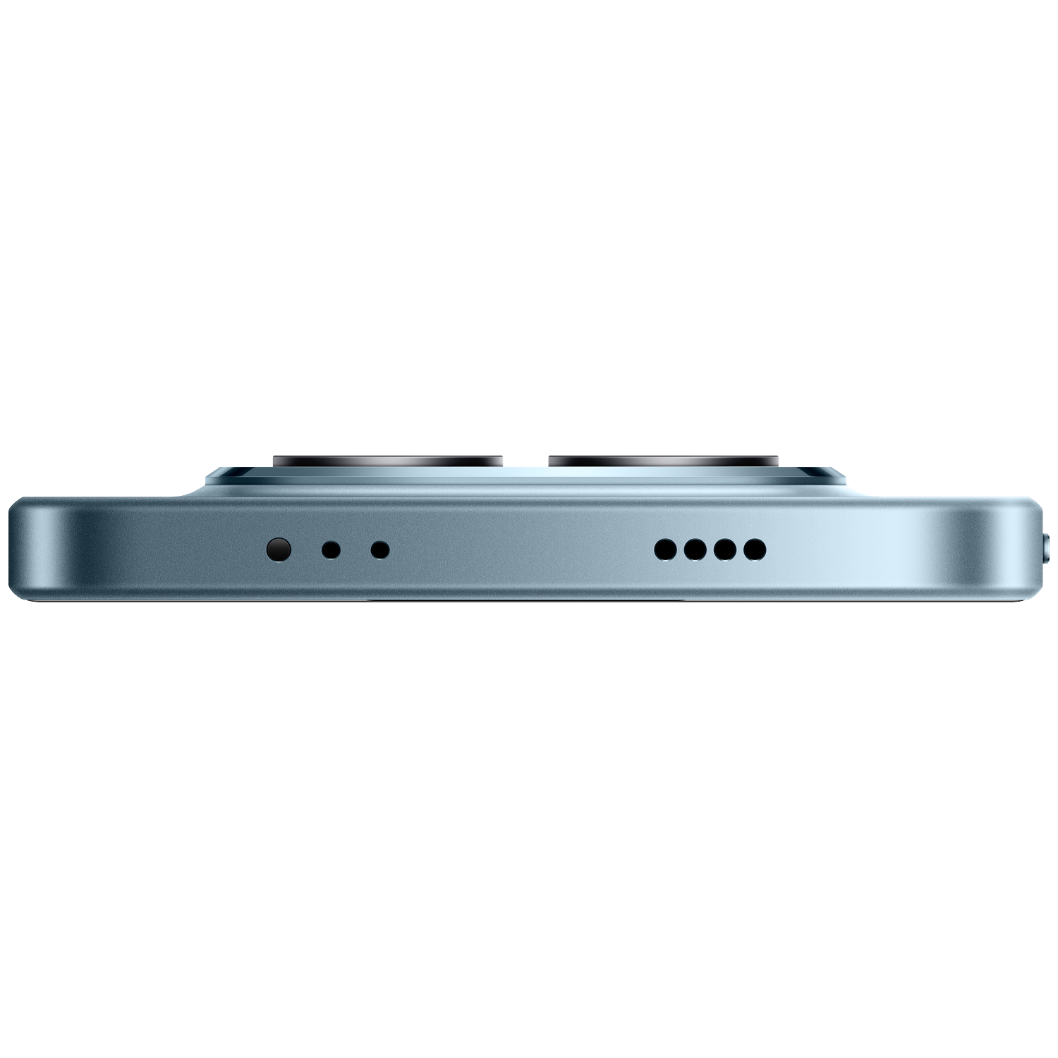 Blue smartphone profile with two cameras and speaker grilles.