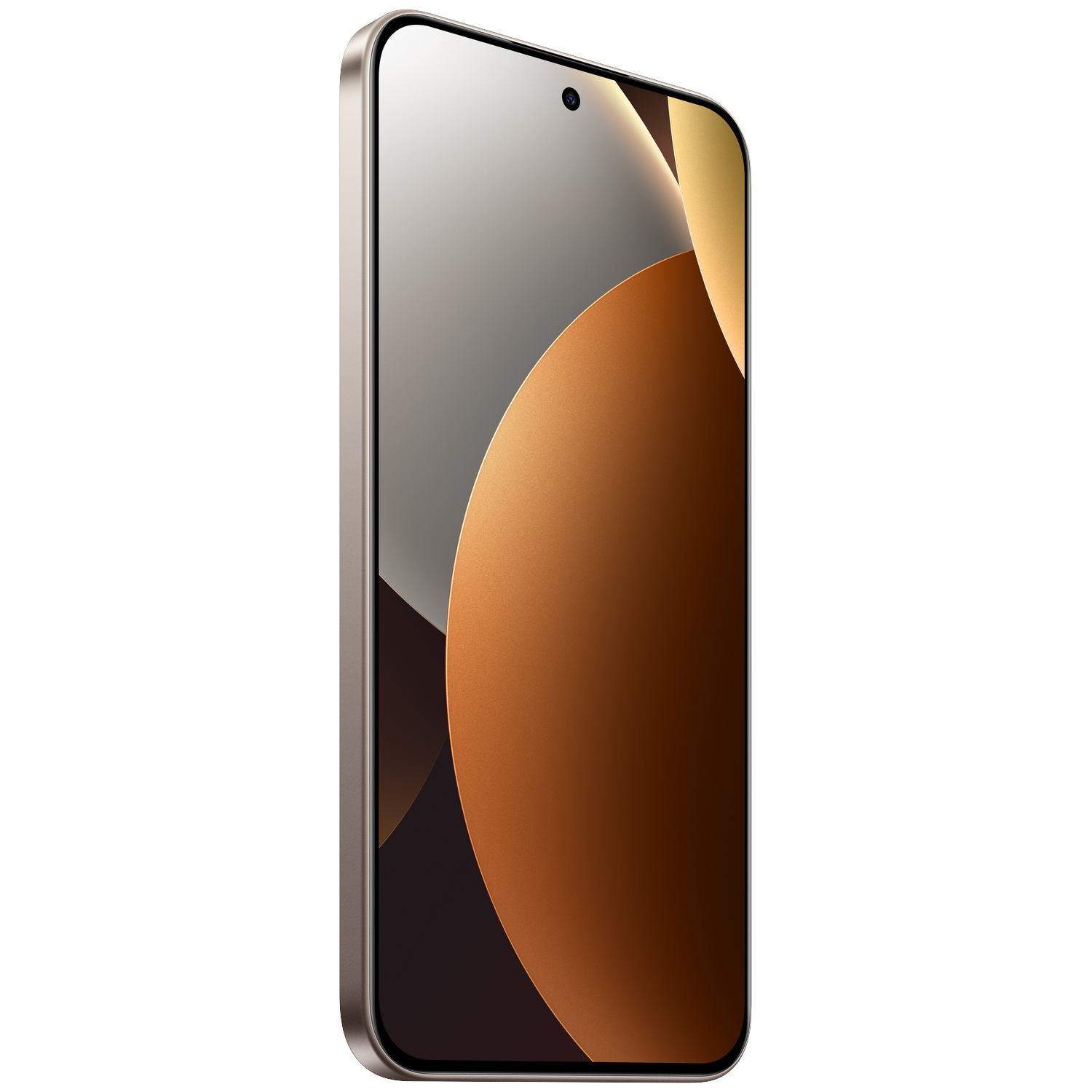 A silver smartphone frame with a bronze and gray background graphic.