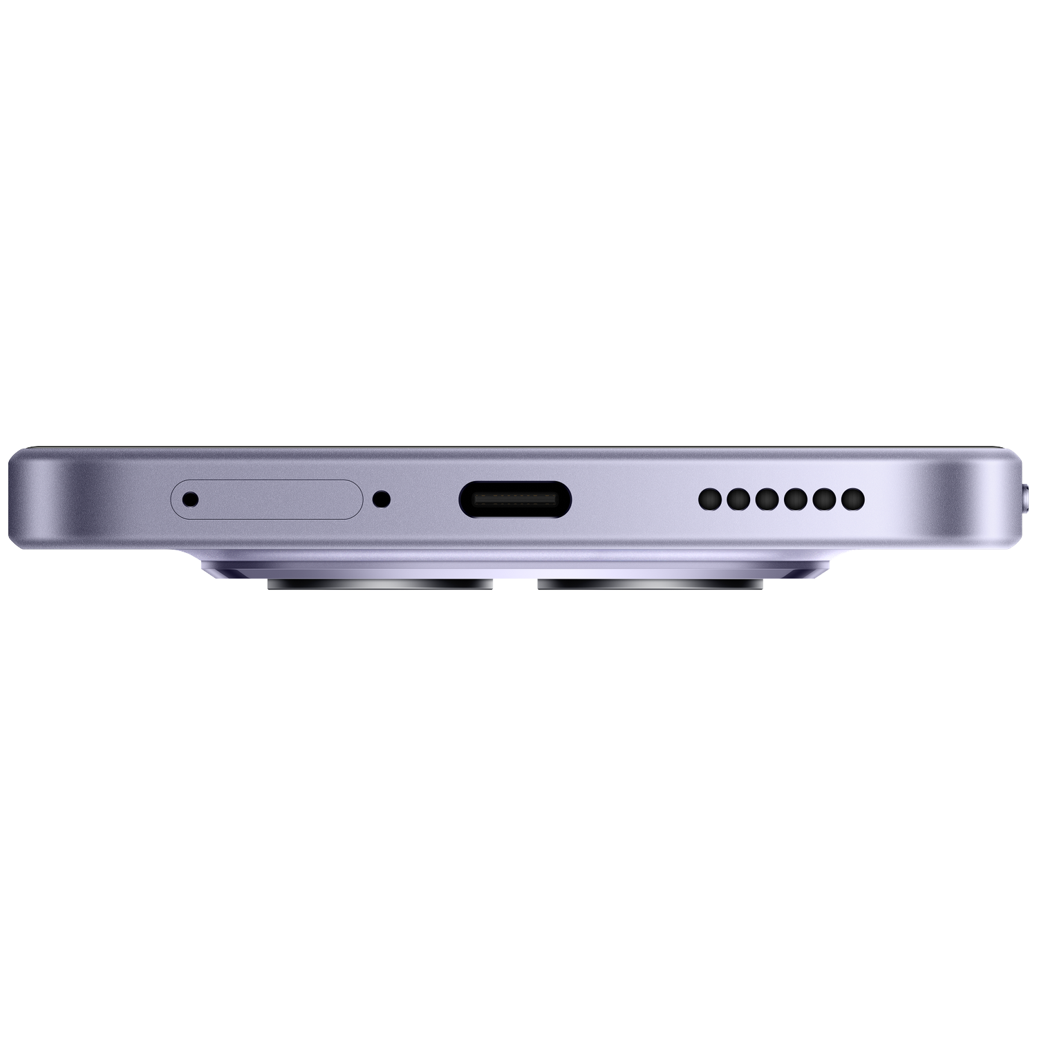 Bottom edge of a purple smartphone showing USB-C port and speaker grilles.