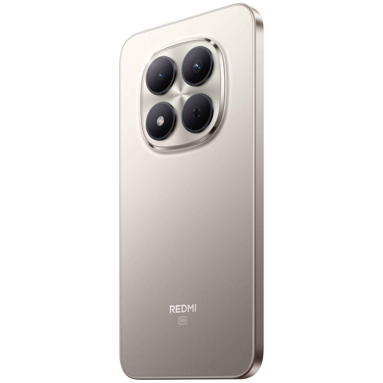 A light brown smartphone with four cameras on the back and the REDMI 5G logo.