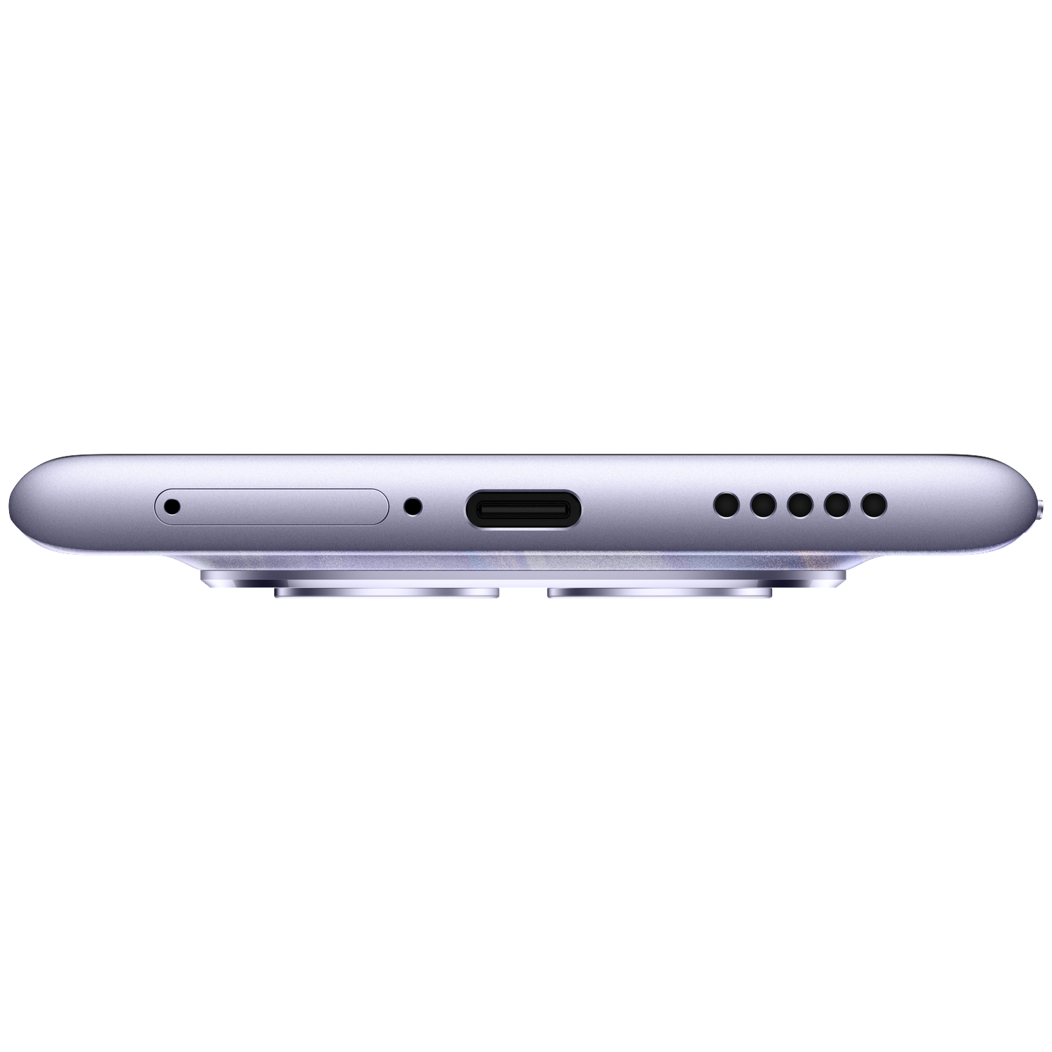 Close-up view of a smartphone's bottom edge, showing USB-C port, SIM tray, and speaker grilles.