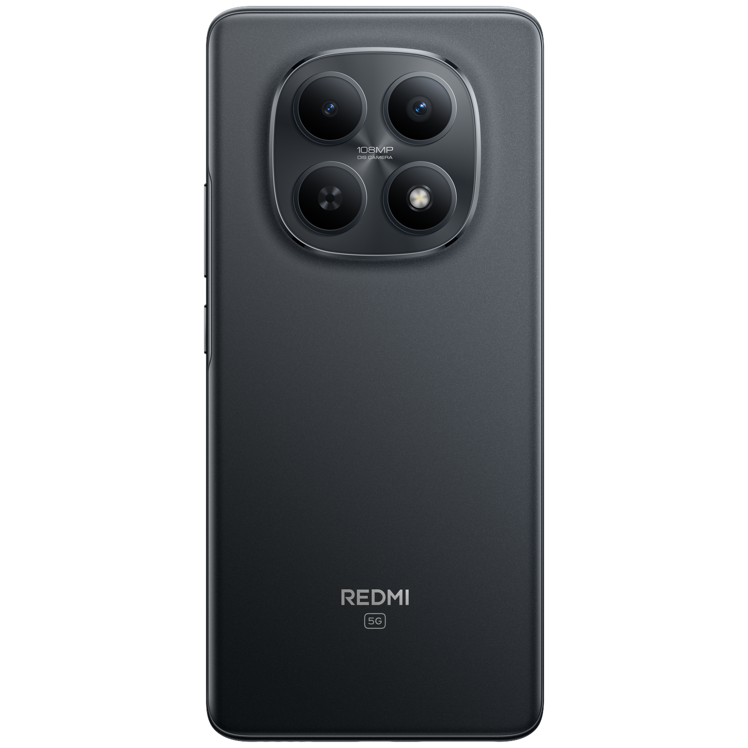 Back of a black smartphone with a quad camera setup, 108MP OIS camera text visible.