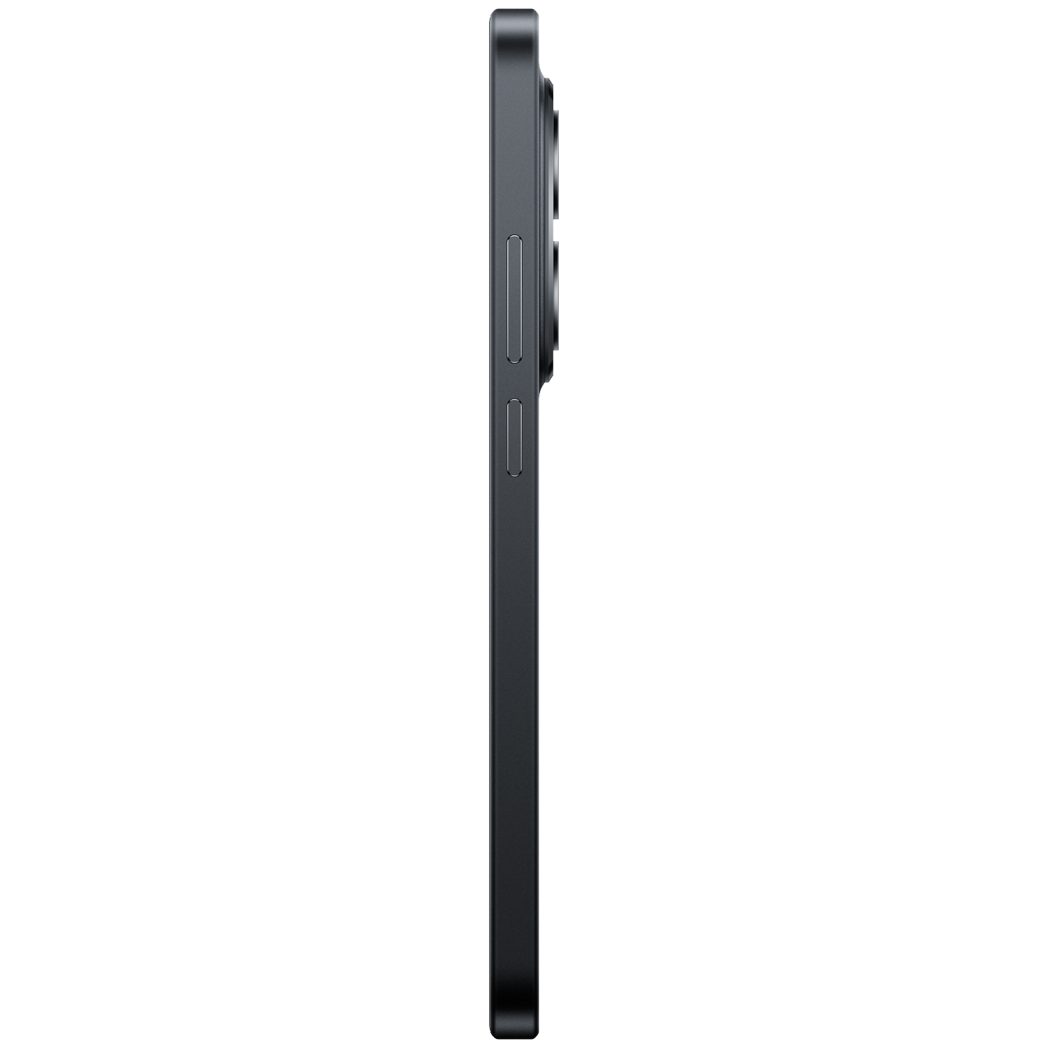 Dark gray smartphone in profile, showing three rear cameras and side buttons.