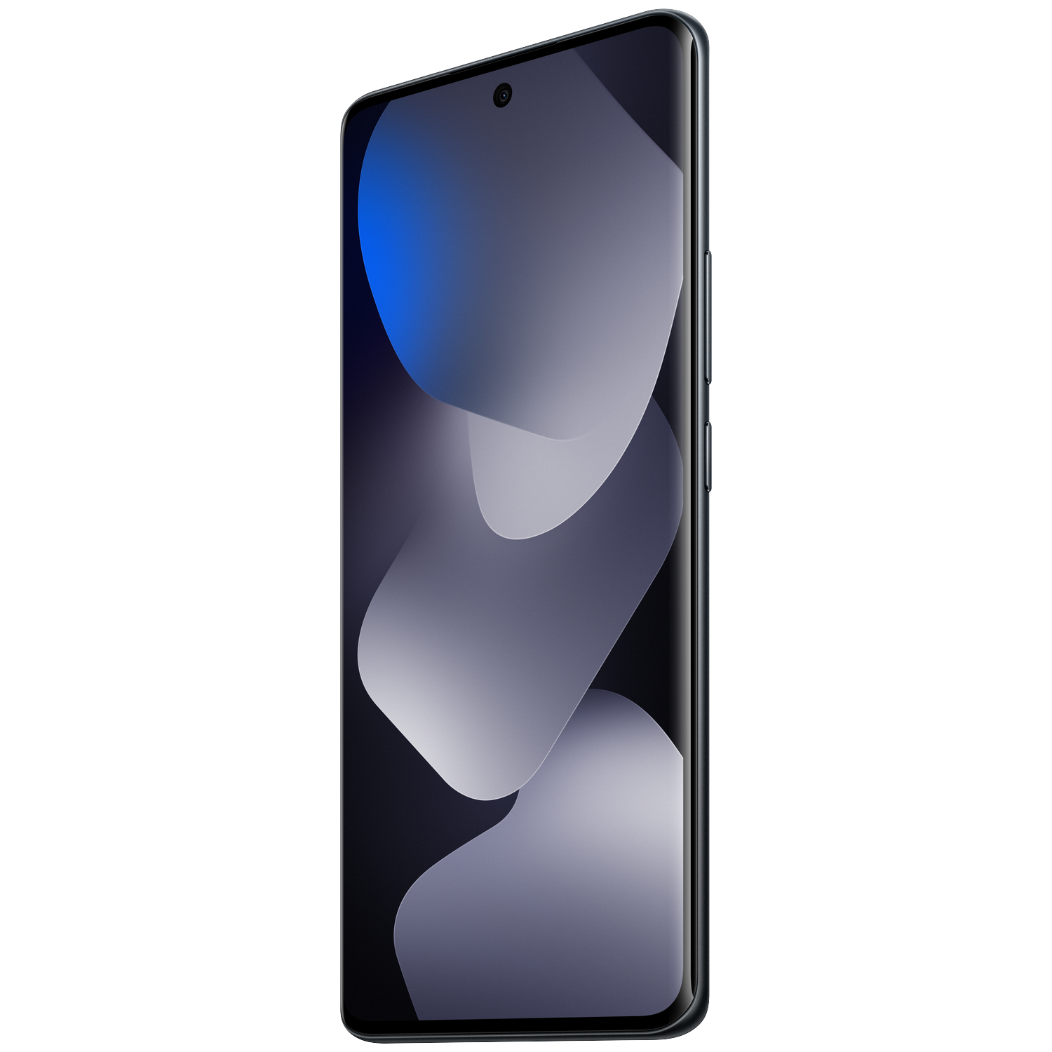 A sleek, dark smartphone displaying an abstract blue and gray wallpaper on its screen.