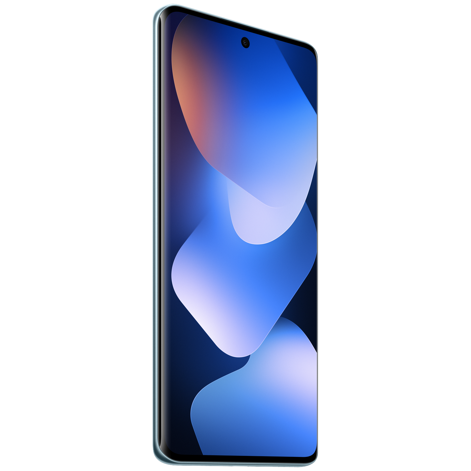A light blue smartphone displaying an abstract blue wallpaper.