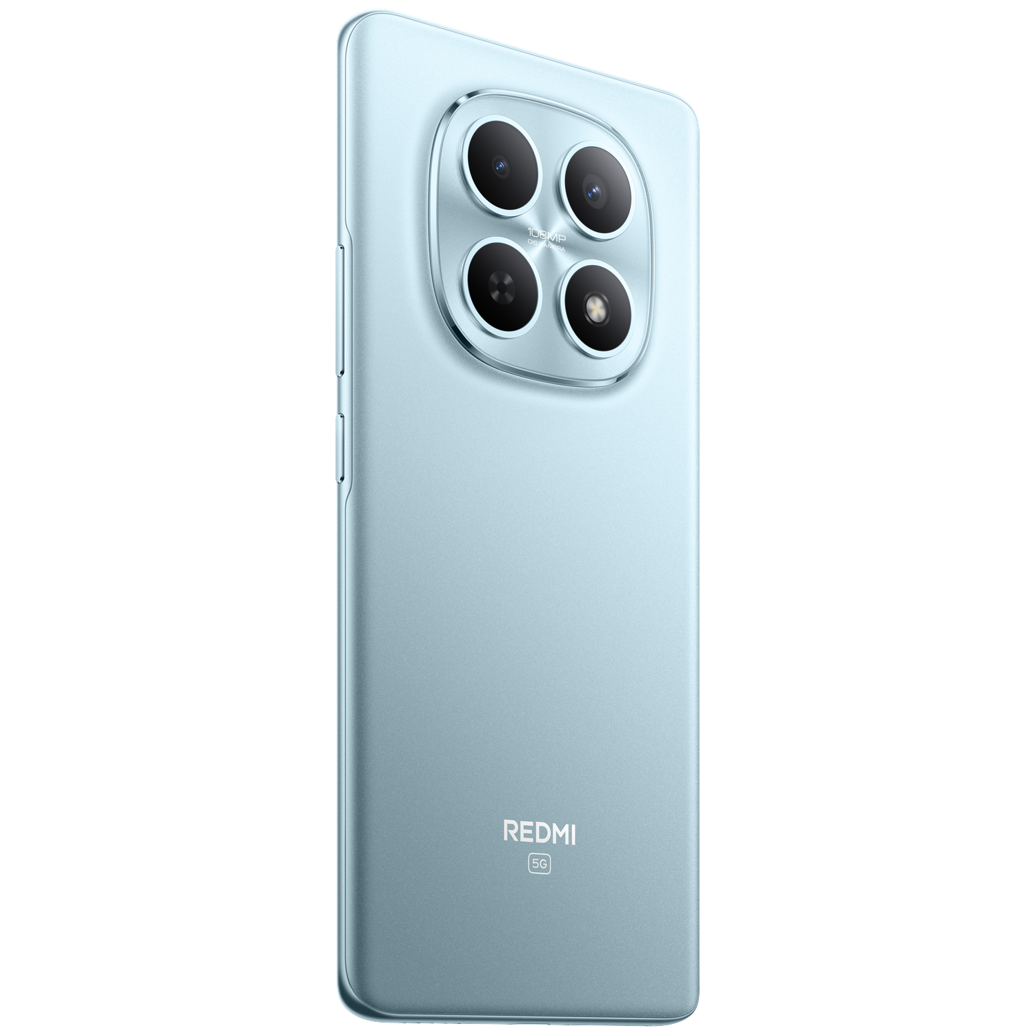 A light blue smartphone with a quad camera setup and 'REMI 5G' branding.