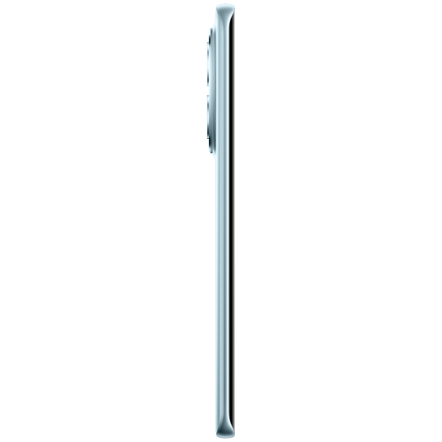 Side view of a light blue smartphone with camera module.