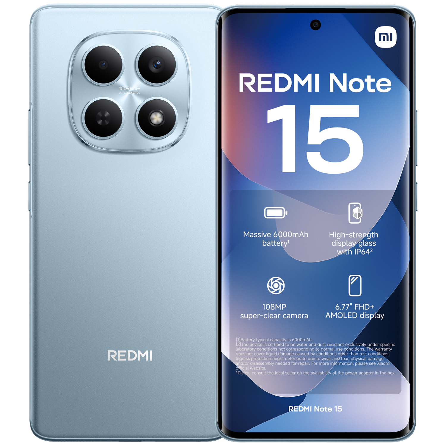 Un smartphone bleu avec configuration quad-caméra et marque REDMI Note 15.