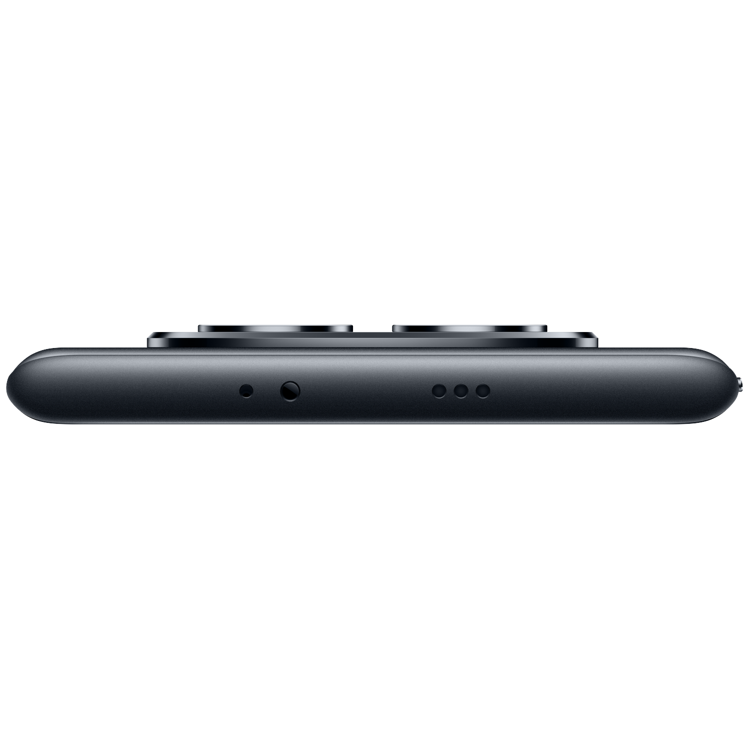Close-up of a black smartphone top with two cameras and ports.