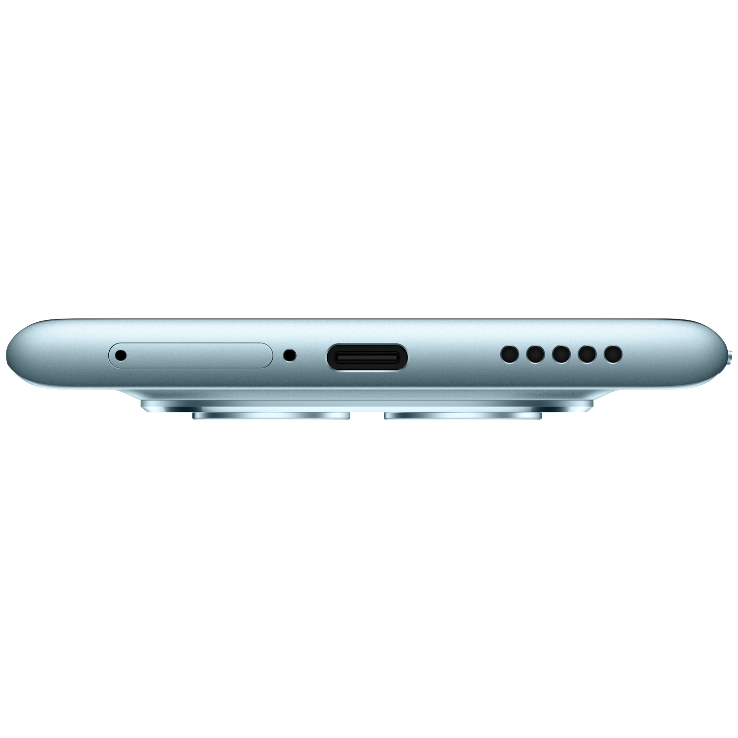 Close-up of a light blue smartphone's bottom edge, showing charging port and speaker holes.