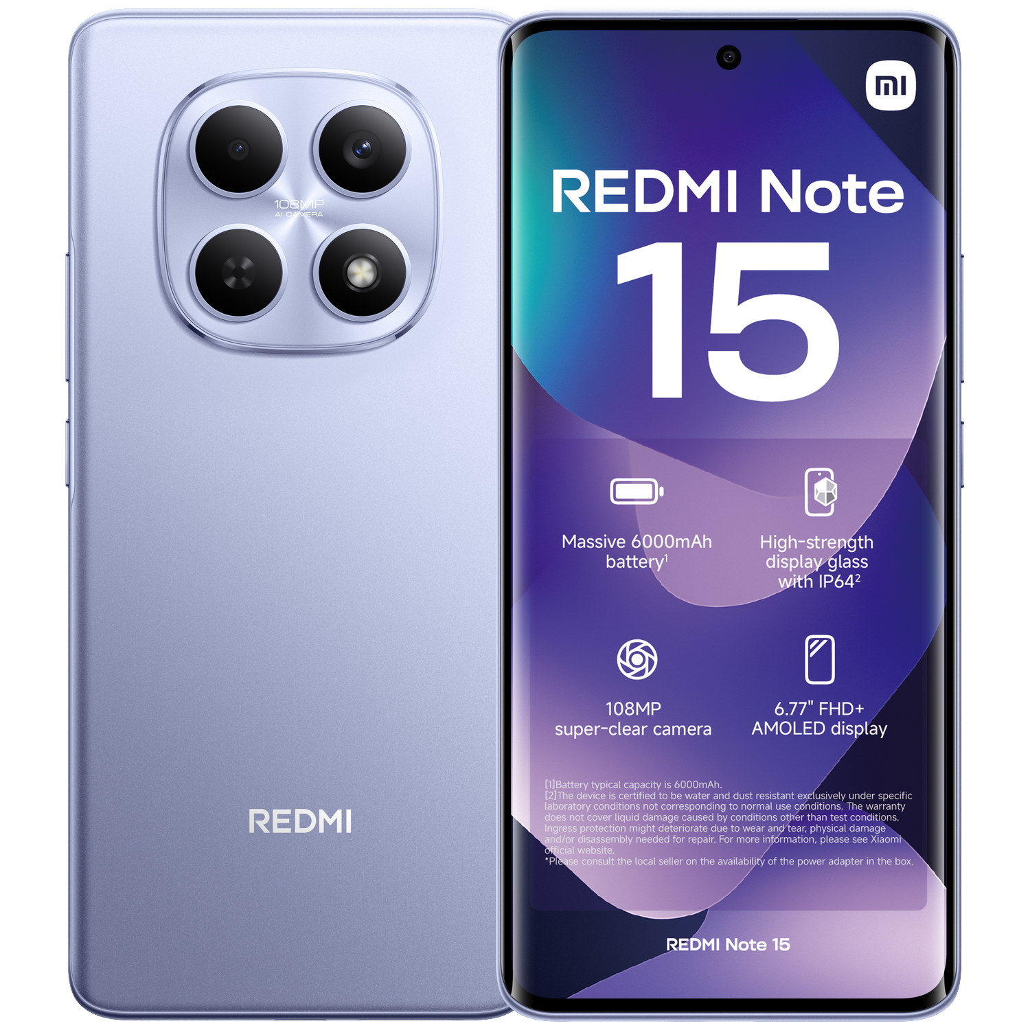 Smartphone Redmi Note 15 violet avec 4 caméras arrière et détails d'écran.