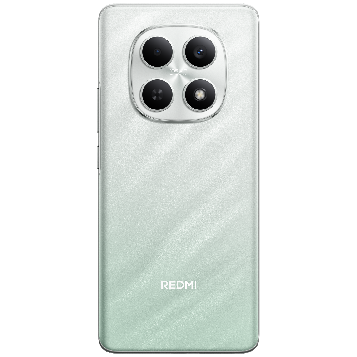 Arrière d'un smartphone vert clair avec quatre caméras et le logo REDMI.