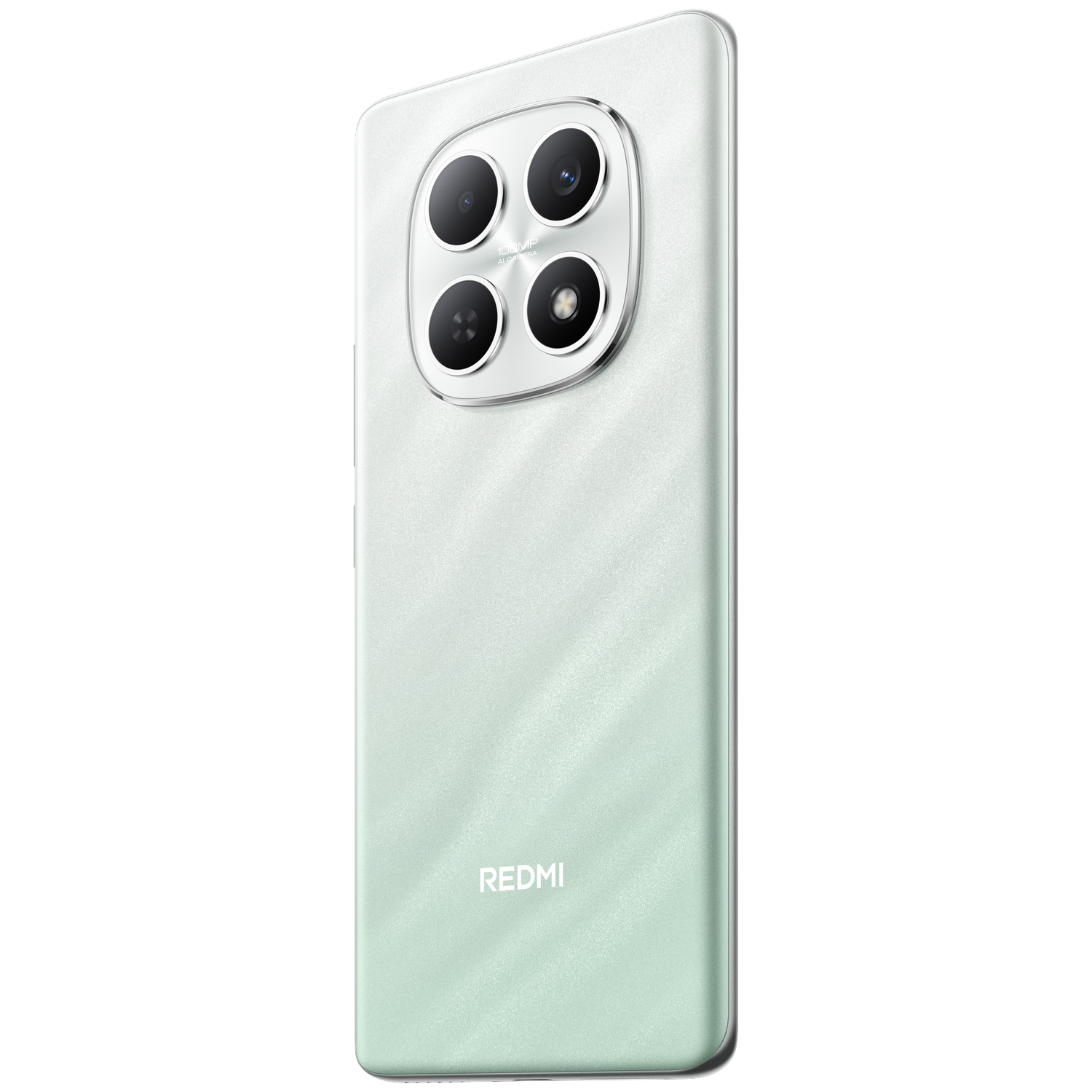 L'arrière d'un smartphone vert clair avec quatre caméras et le logo Redmi.