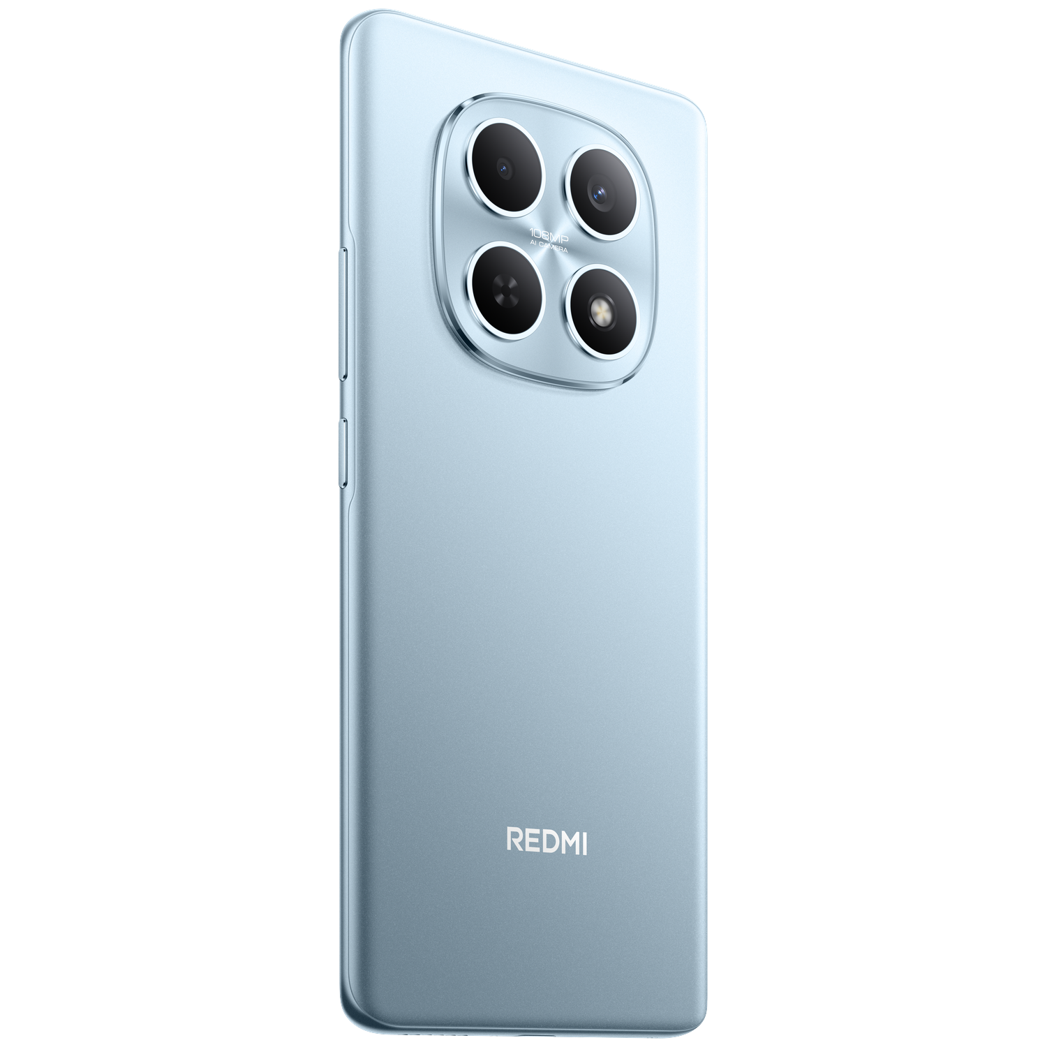 Un smartphone bleu clair avec quatre caméras arrière et le logo REDMI.