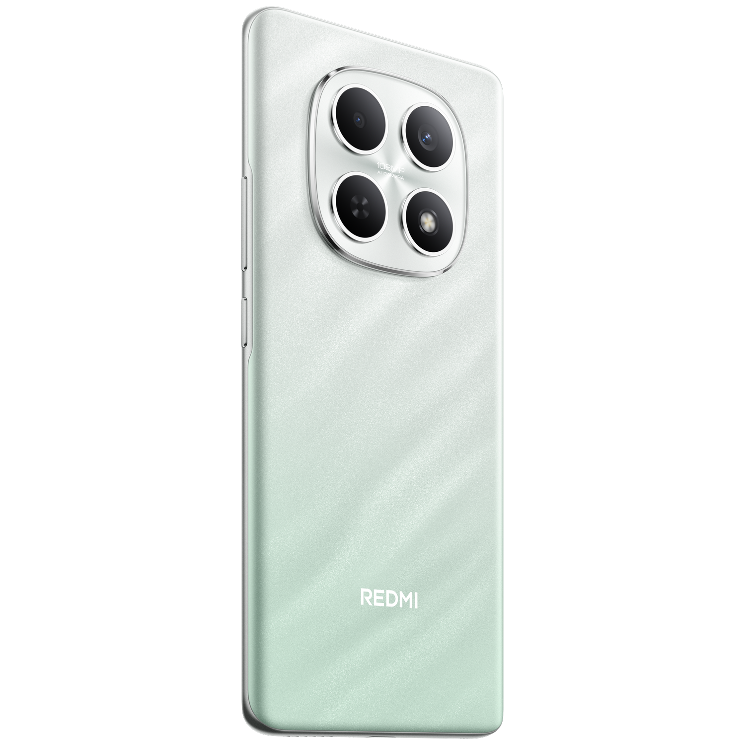 Arrière d'un smartphone vert menthe avec quatre caméras et logo Redmi.