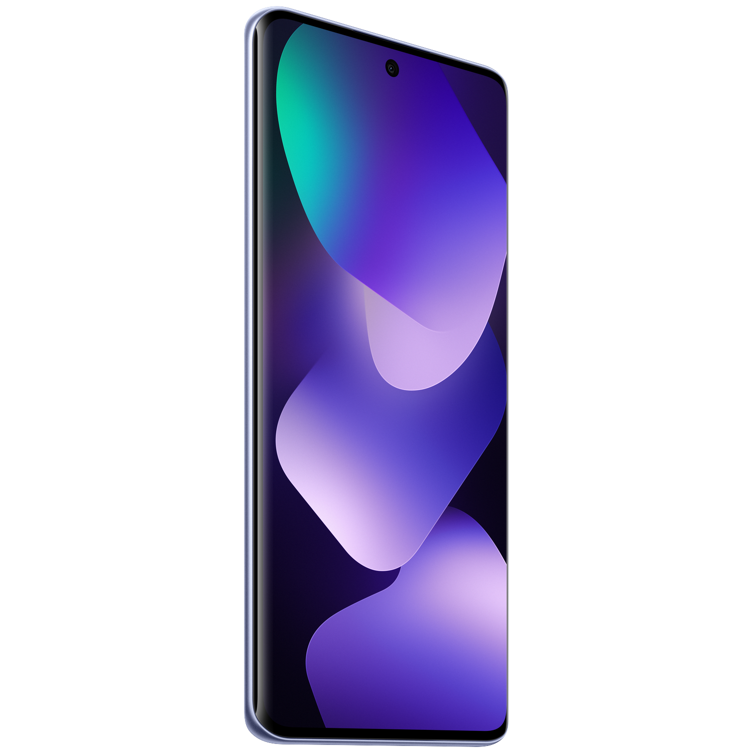 Un smartphone bleu affichant un fond d'écran abstrait violet et vert.