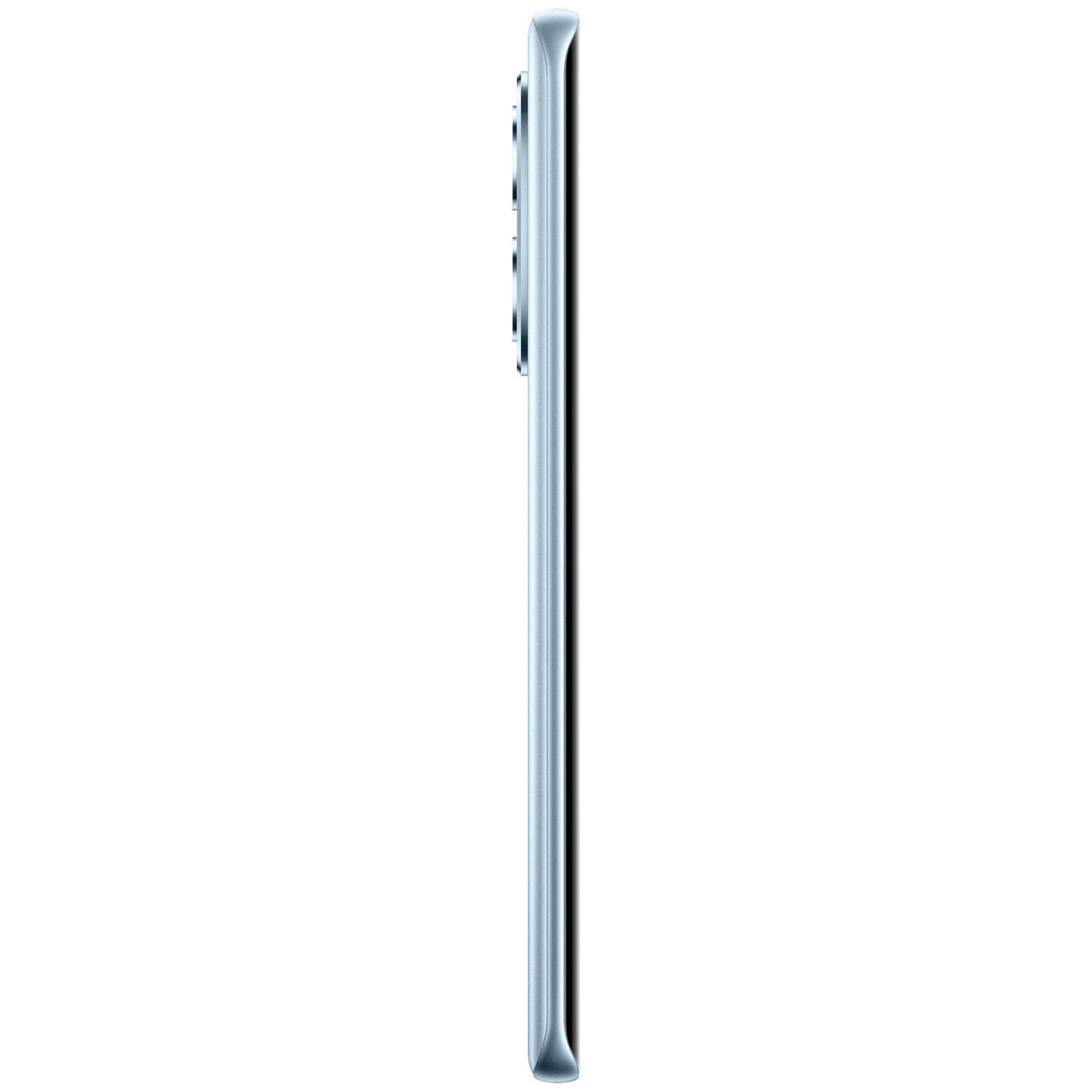 Un smartphone bleu clair avec module caméra, vu de côté.