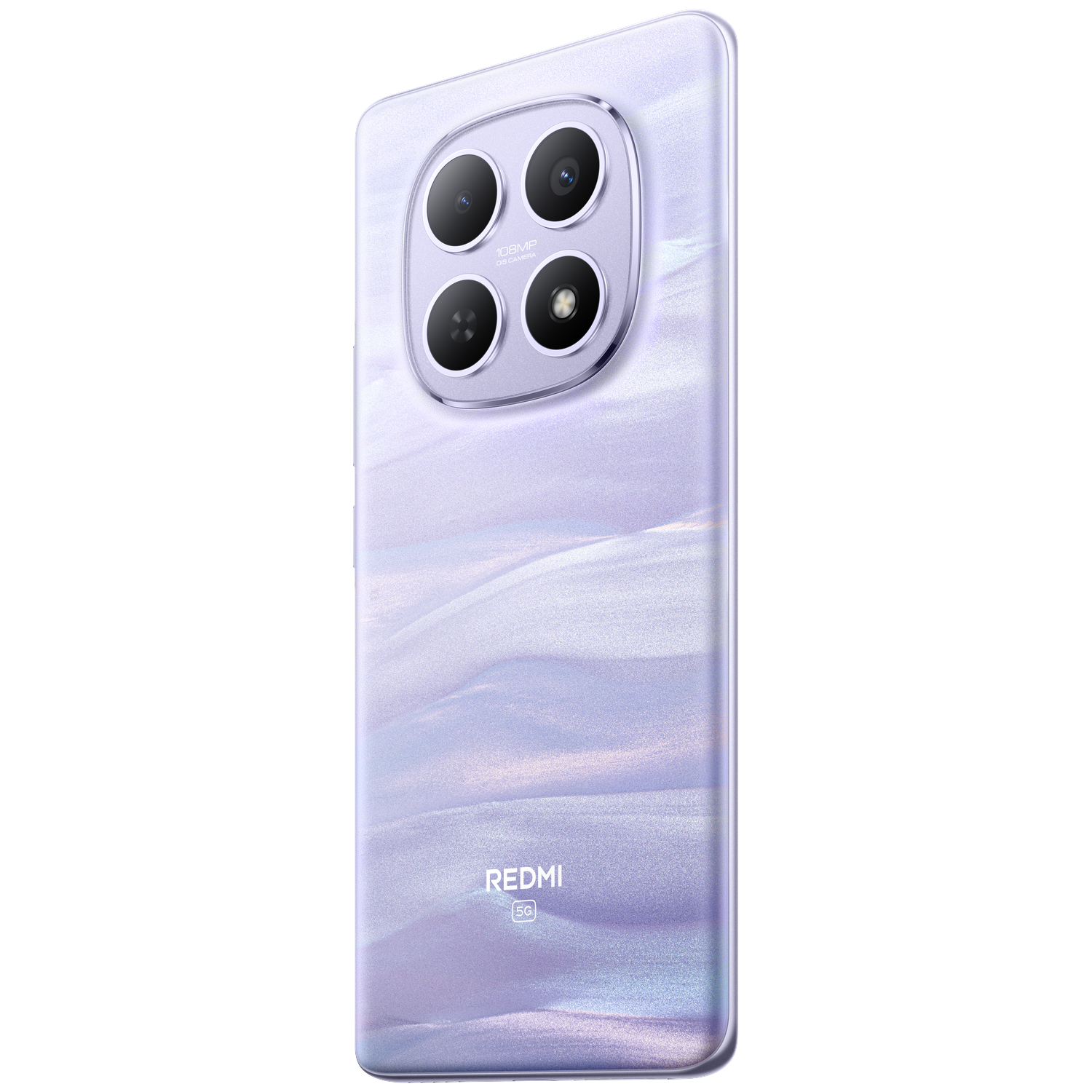 A purple smartphone with a marble pattern and quad camera setup is shown.