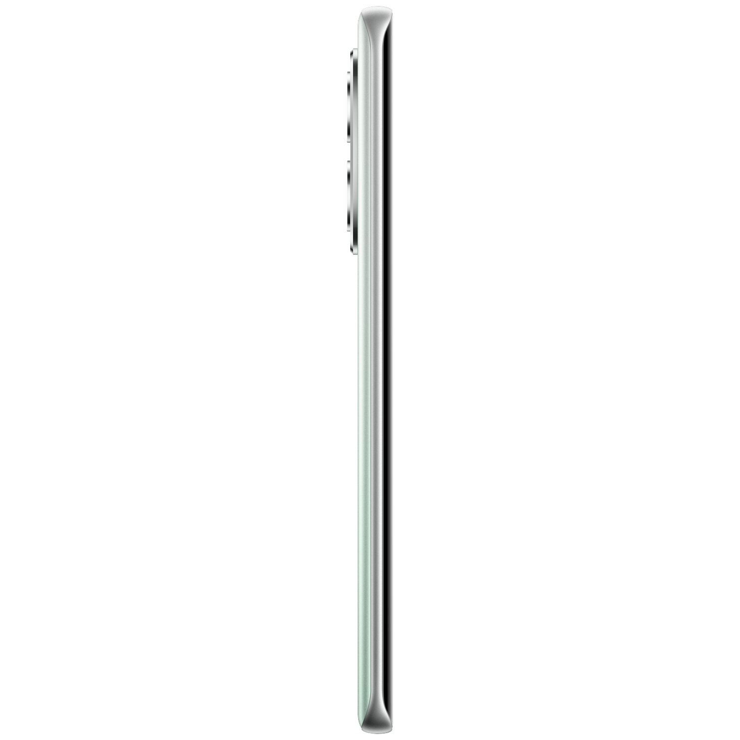 Gros plan d'un module de caméra de smartphone vert clair sur fond blanc.