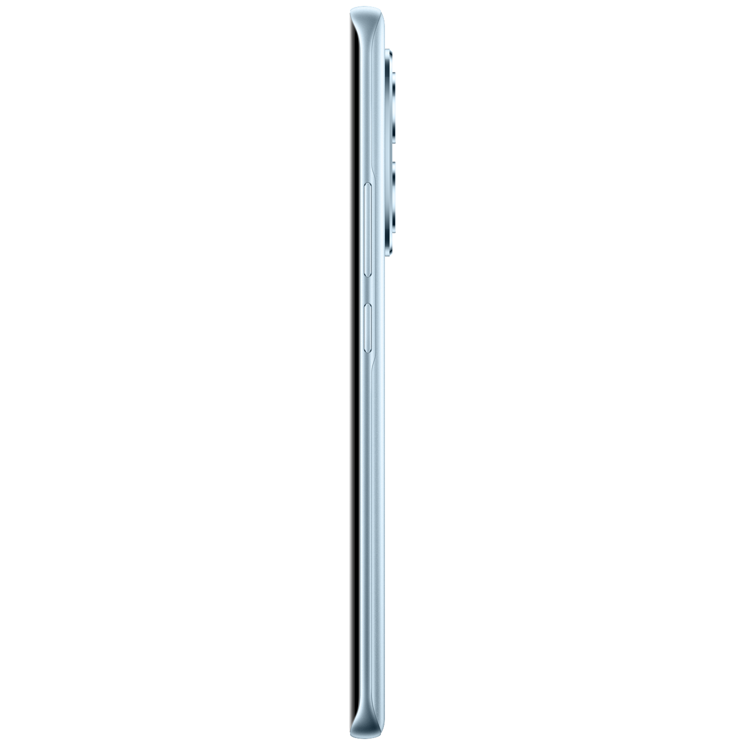 Un smartphone bleu clair sur fond blanc, vu de côté.