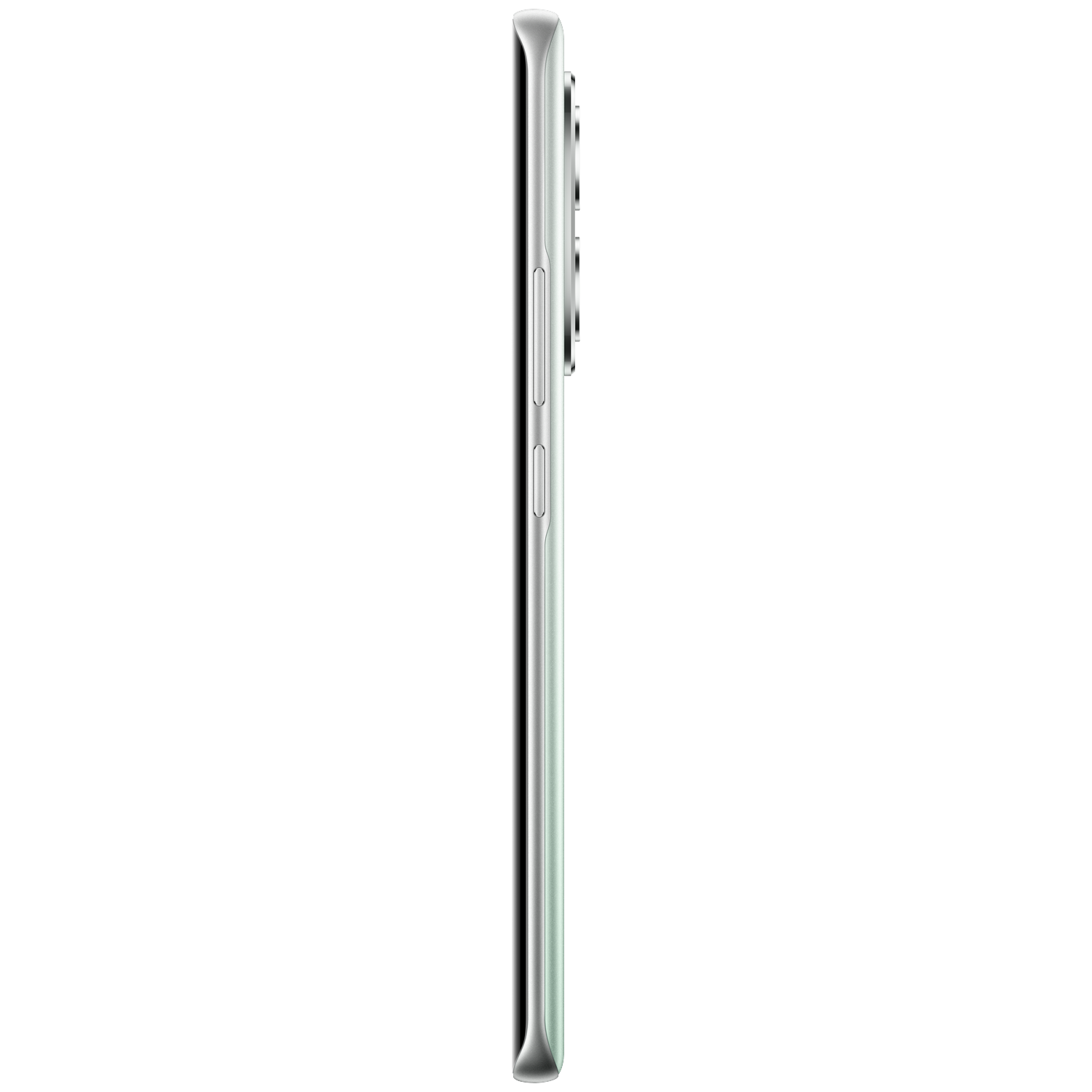 Un smartphone vert clair vu de côté avec son bloc de caméras.