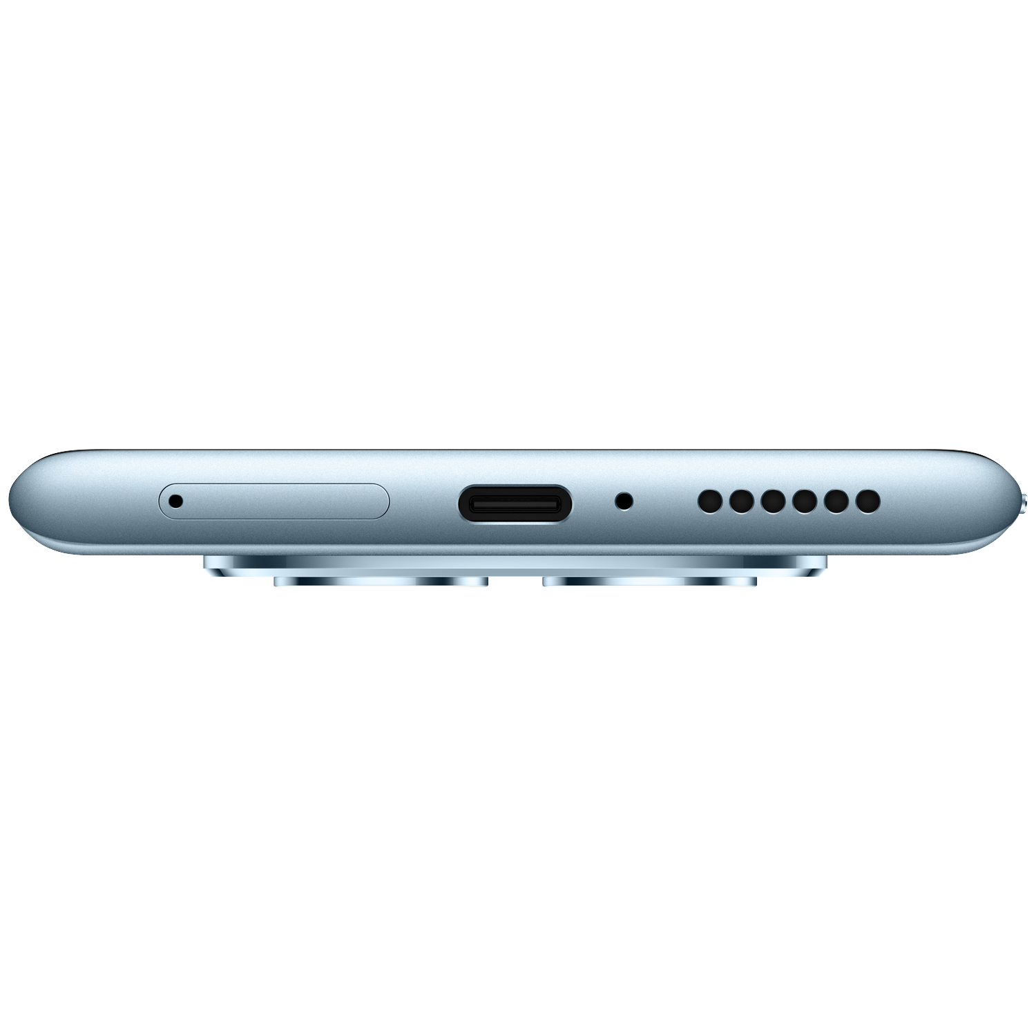 Gros plan du bord inférieur d'un smartphone bleu clair montrant le port de charge.