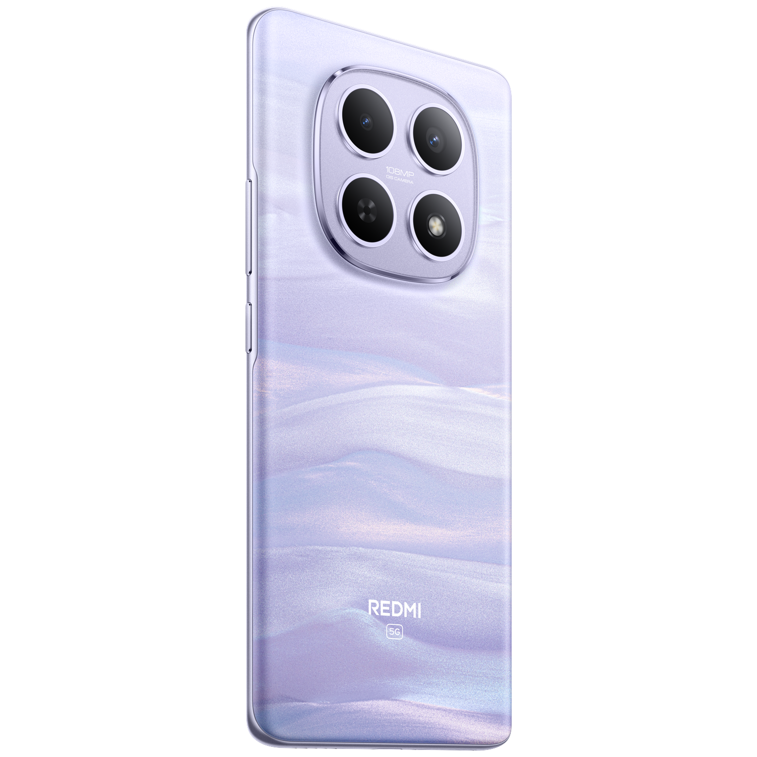 Purple smartphone with four cameras and wavy pattern on the back.