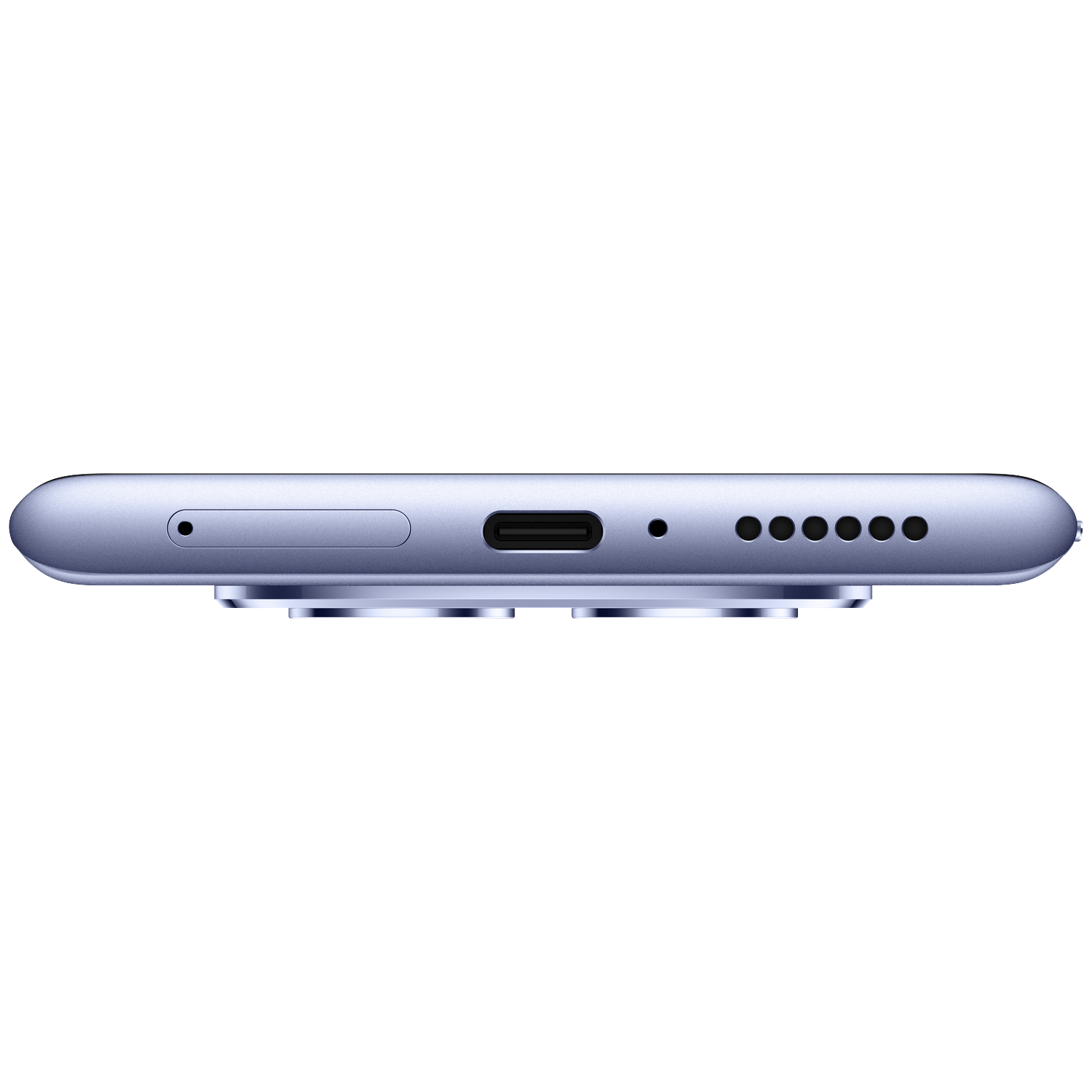 Gros plan du bord inférieur d'un smartphone violet montrant le port de chargement et les grilles.
