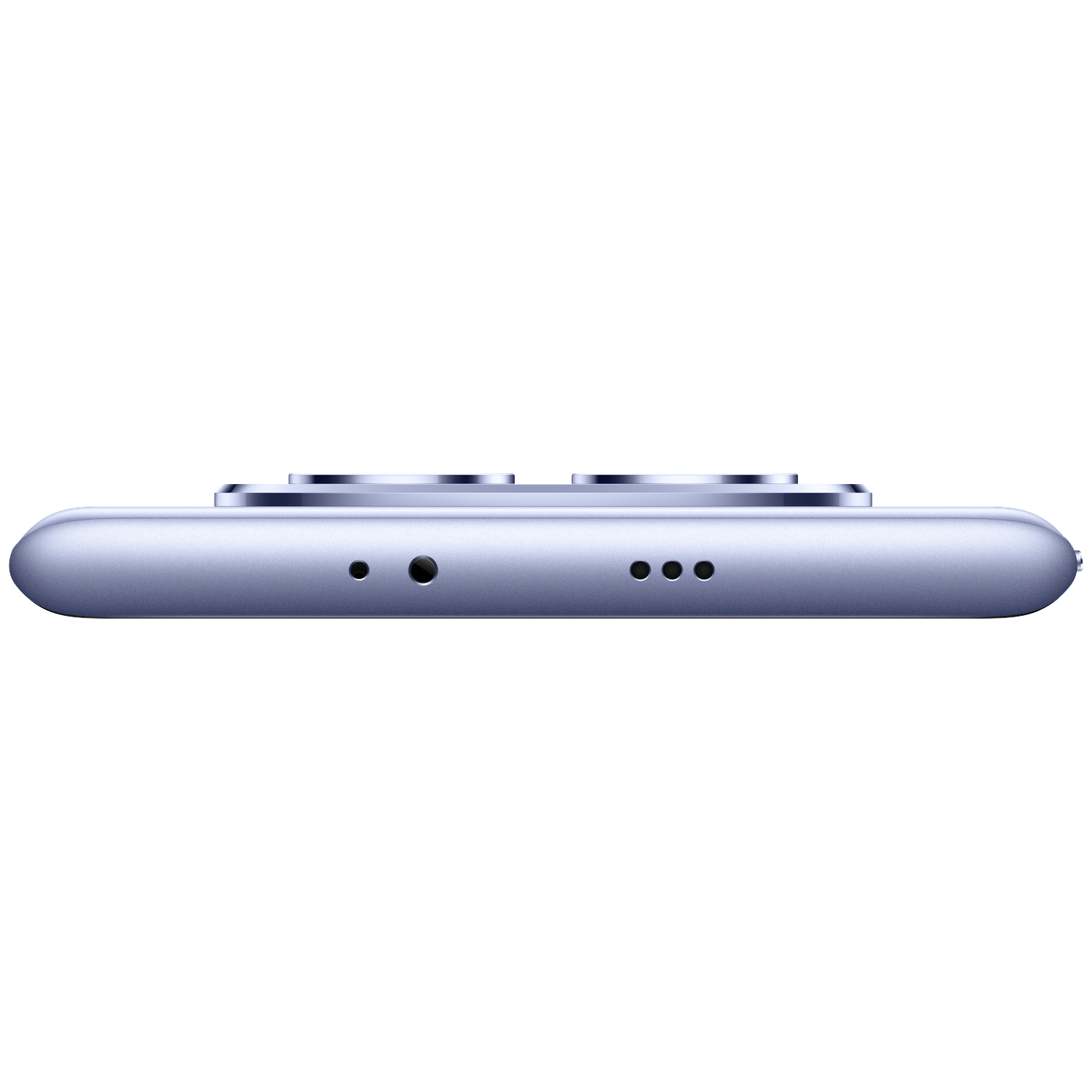 Gros plan du bord supérieur d'un smartphone violet, montrant les modules de caméra et les ports.