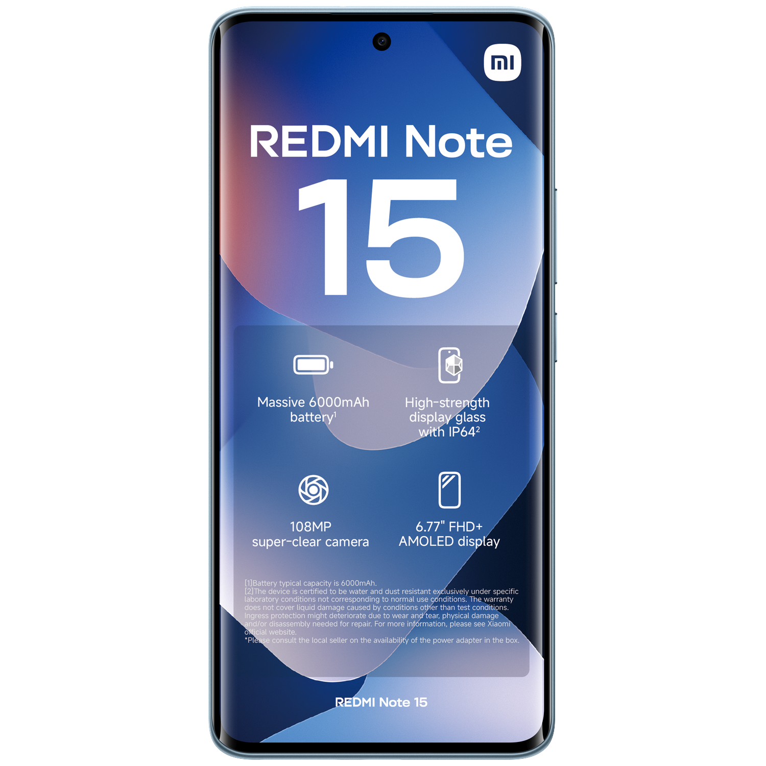 Un smartphone bleu affichant REDMI Note 15, batterie, appareil photo et spécifications.