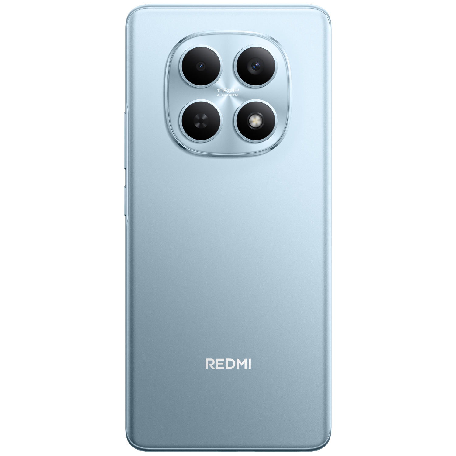 Un smartphone bleu clair avec quatre caméras et le logo REDMI.