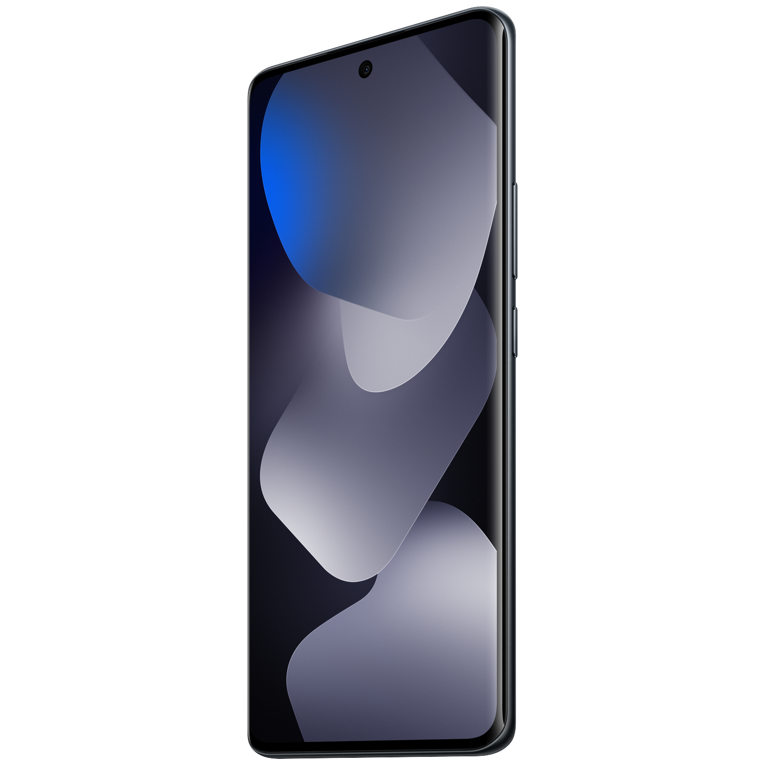 Un smartphone élégant avec un fond d'écran sombre et des formes abstraites bleues.