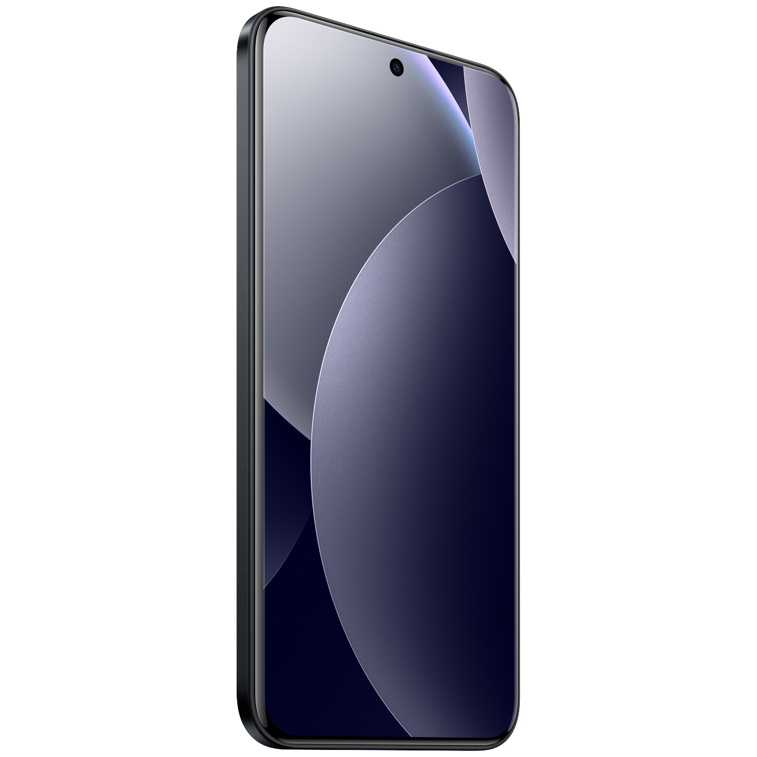 A dark smartphone with a curved screen. The display shows abstract blue and gray patterns.