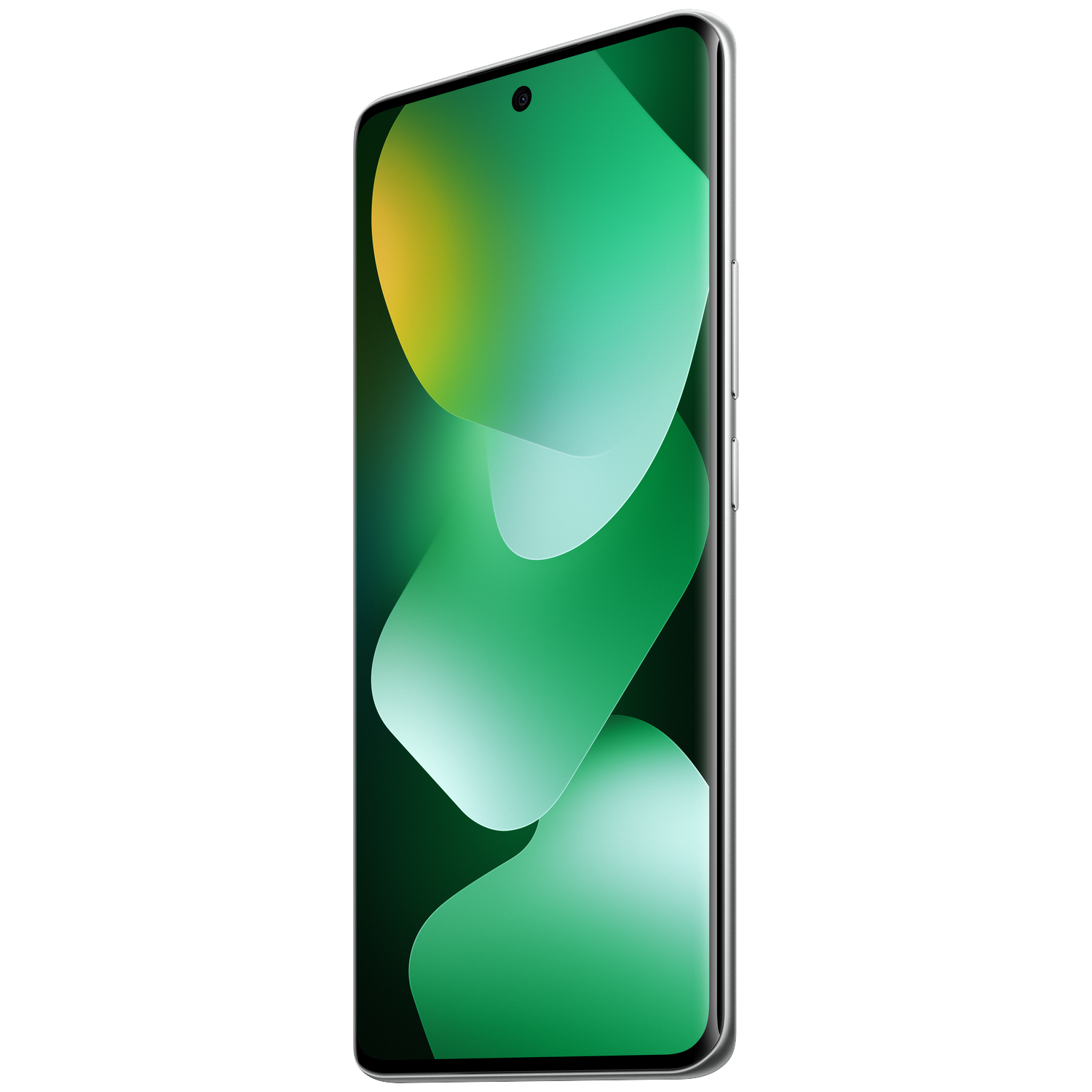 Un smartphone élégant affichant un fond dégradé vert vif aux formes fluides.