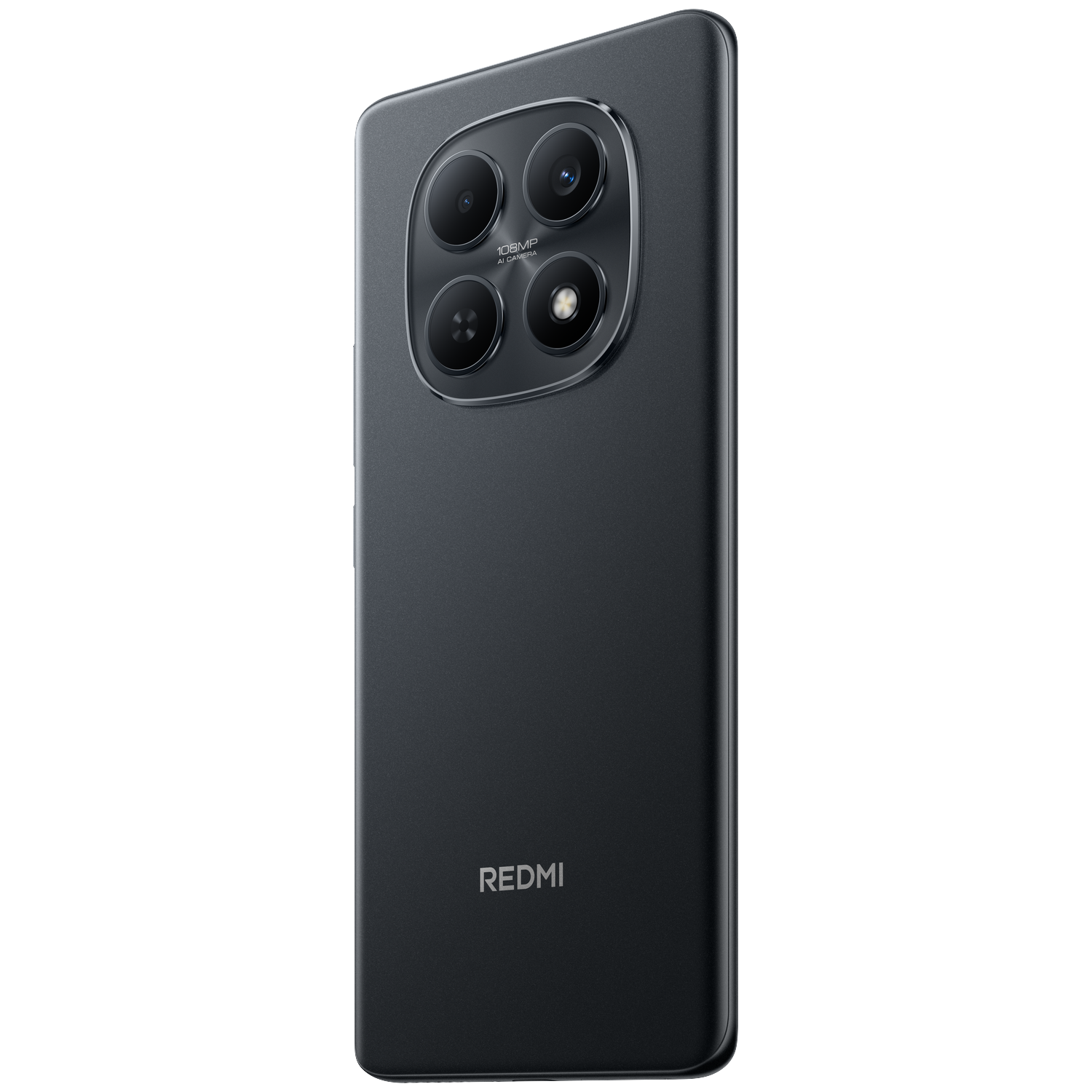 Smartphone gris foncé avec quatre caméras et logo Redmi au dos.