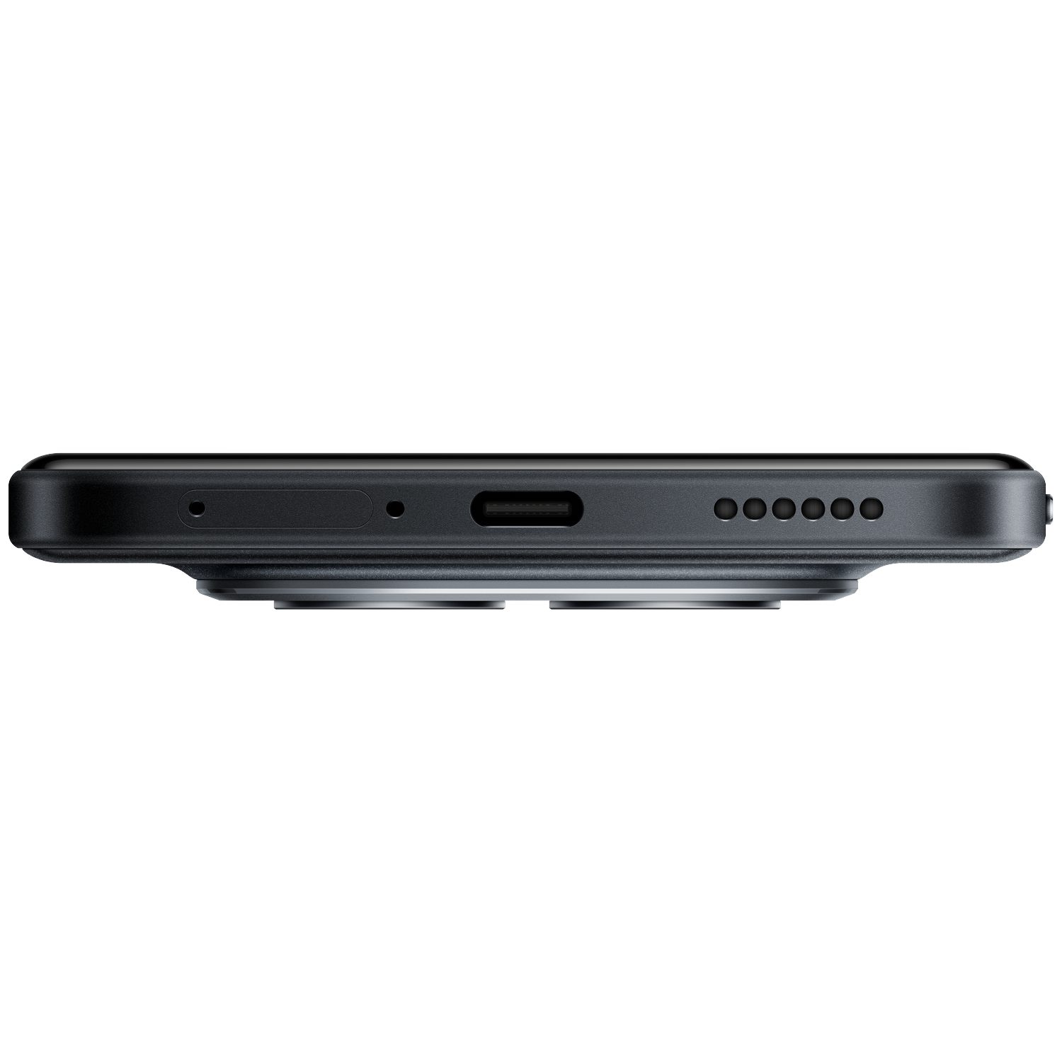 Underside of a black smartphone showing the charging port and speaker grilles.