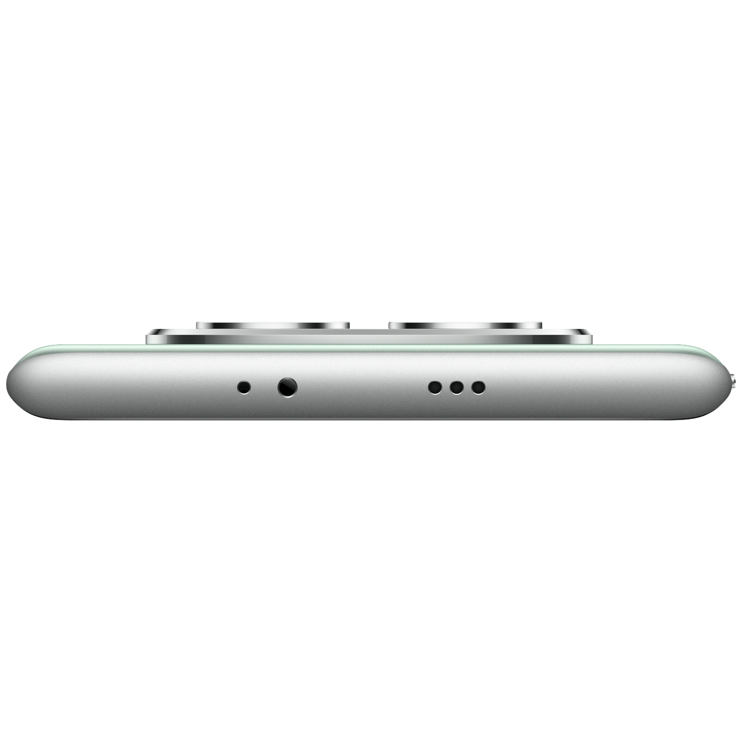 Gros plan du dessus d'un smartphone argenté, montrant deux objectifs et un port de charge.