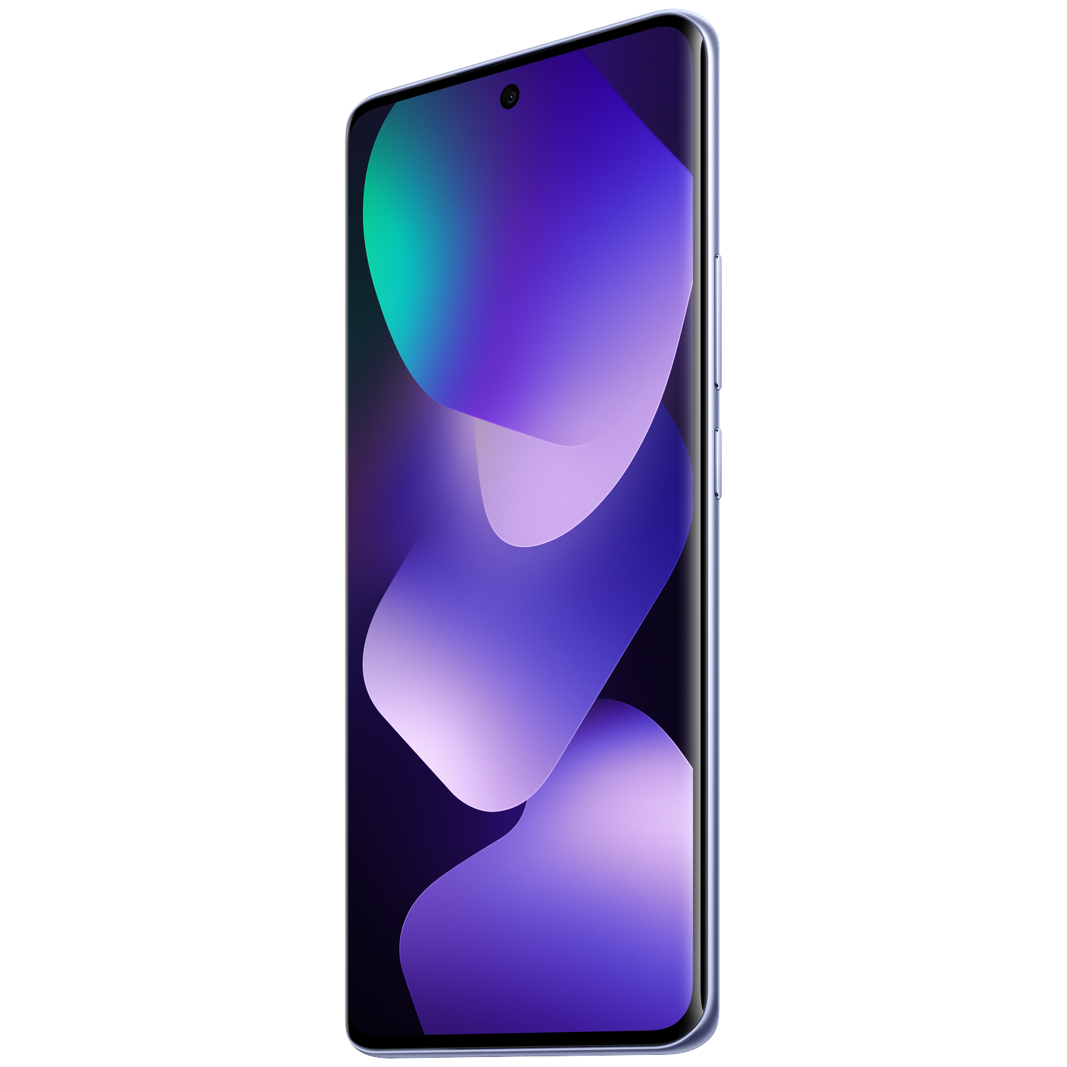 Un smartphone bleu affichant un fond d'écran abstrait violet et bleu.