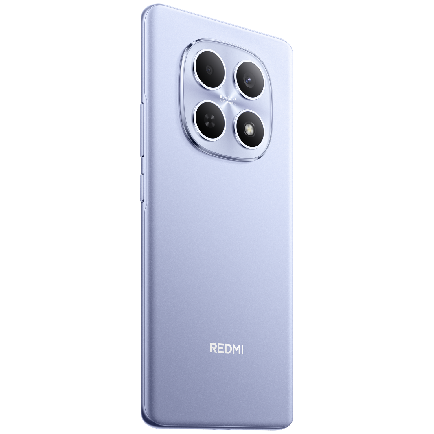 Un smartphone violet avec quatre caméras au dos et le logo REDMI.