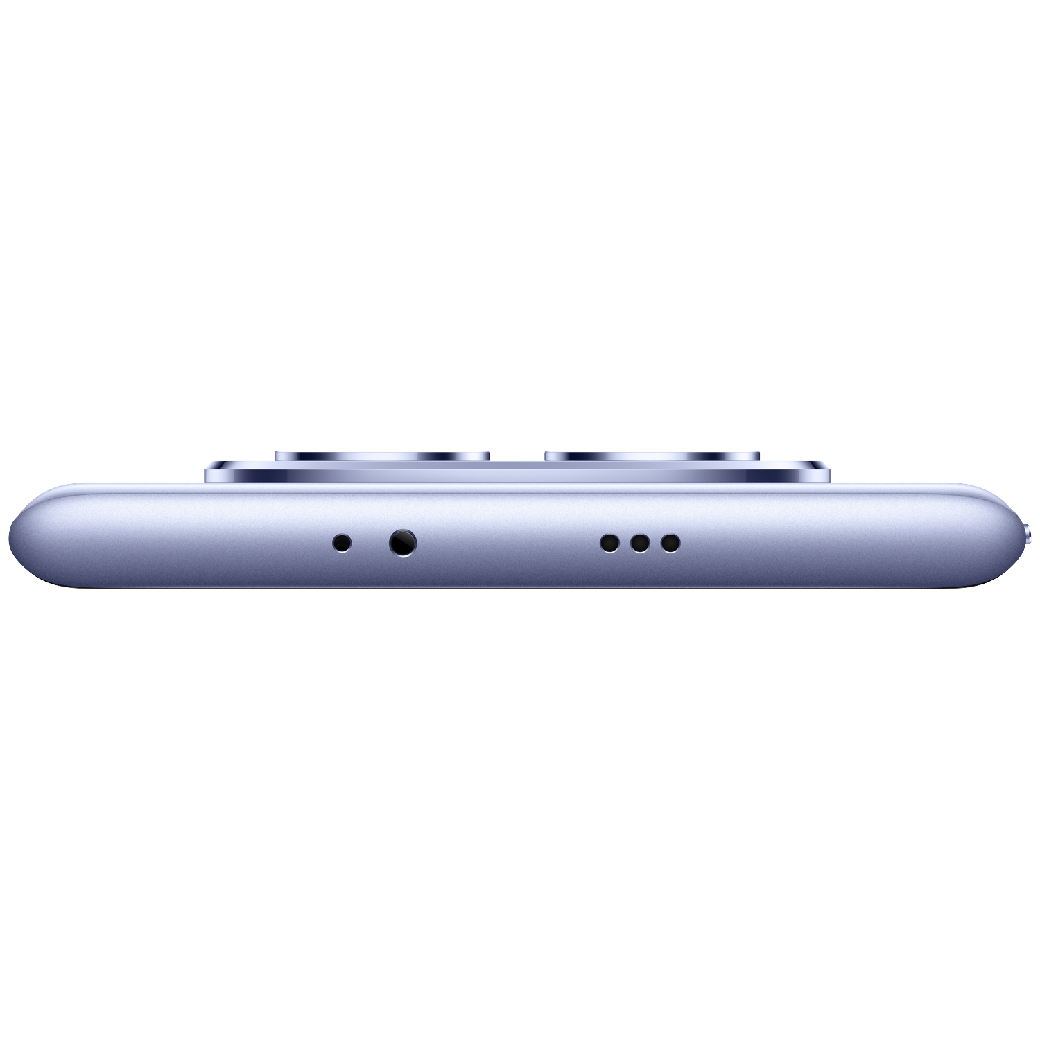 Un smartphone violet vu de dessus, montrant les caméras et les ports.