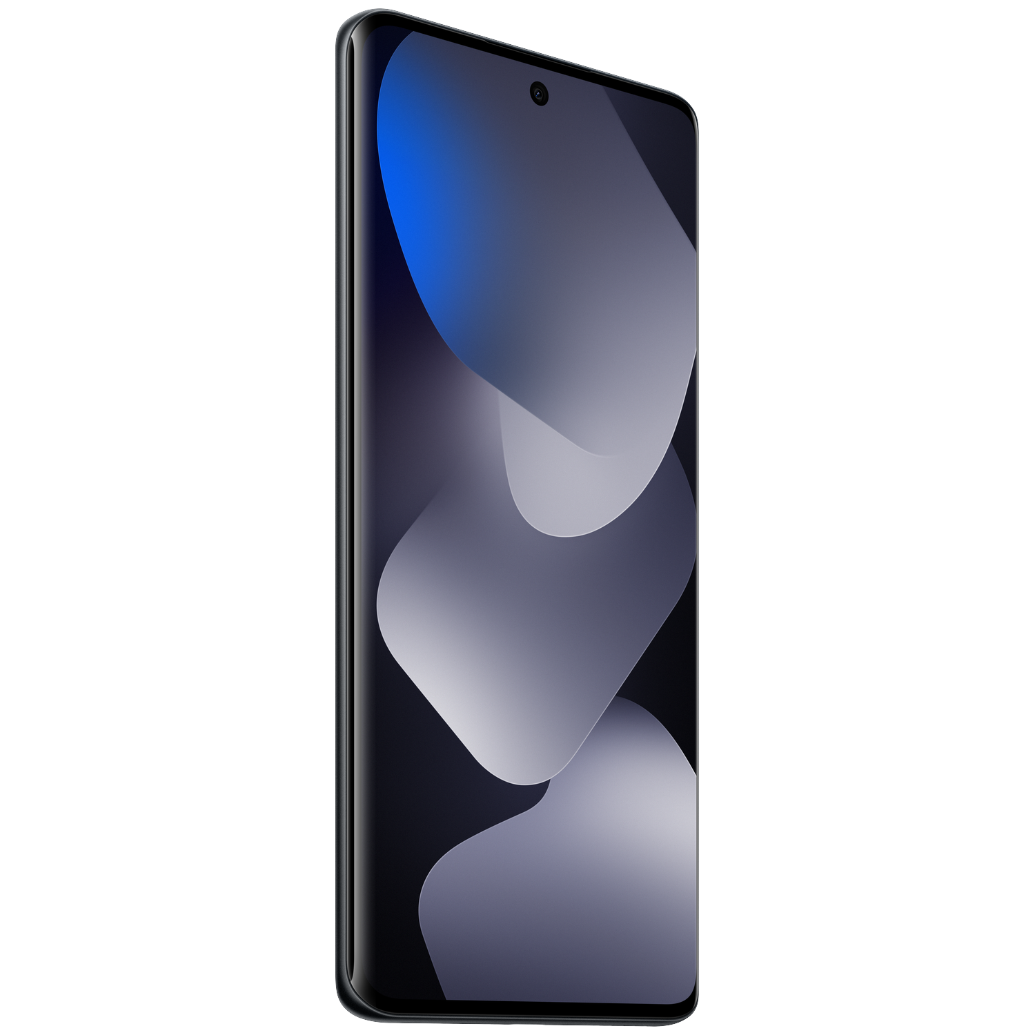 Een zwarte smartphone met gebogen randen en een blauw en grijs behang.