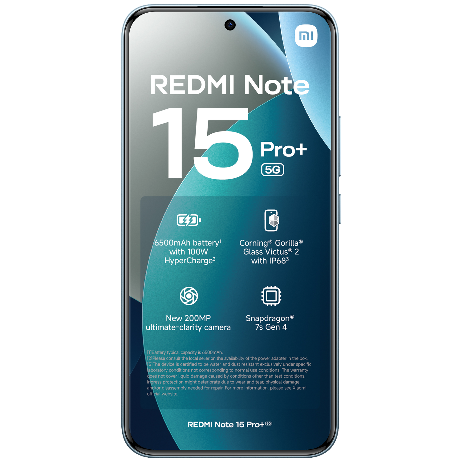 Un smartphone bleu clair affichant "REDMI Note 15 Pro+ 5G" et ses spécifications techniques.