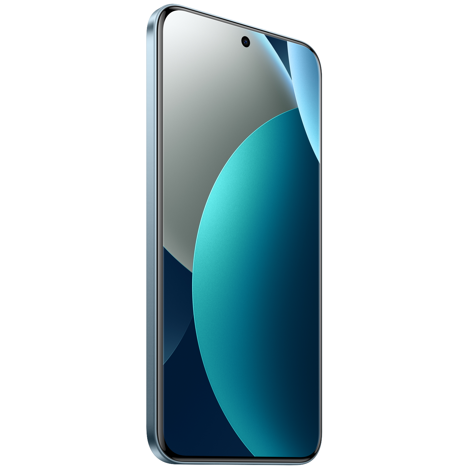 Un smartphone moderne avec cadre bleu et fond d'écran turquoise.