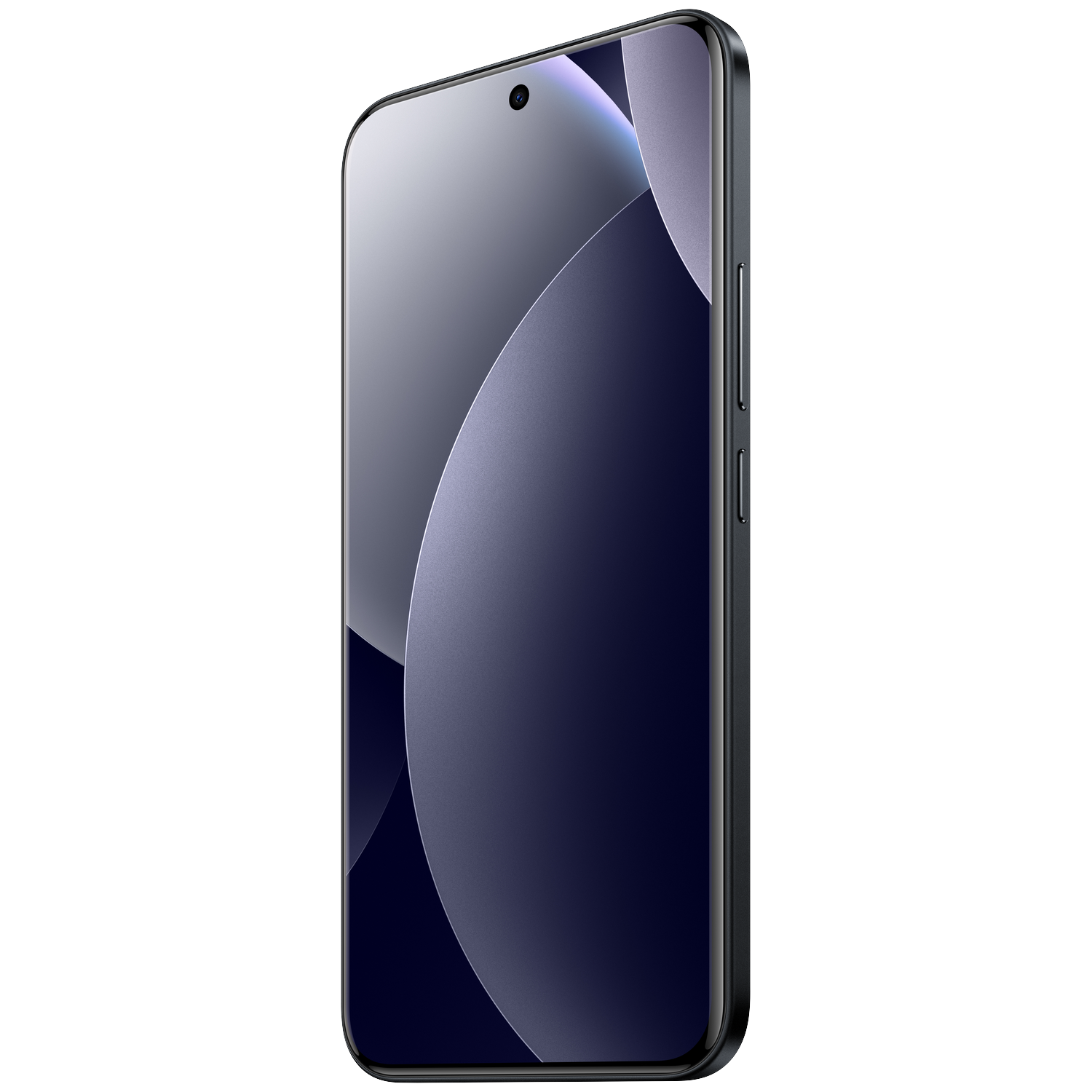 A dark smartphone with an abstract, purple background displayed on its screen.