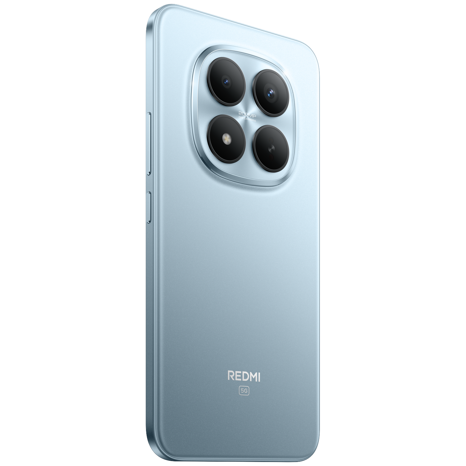 Un smartphone bleu clair avec quatre caméras et le logo REDMI 5G.