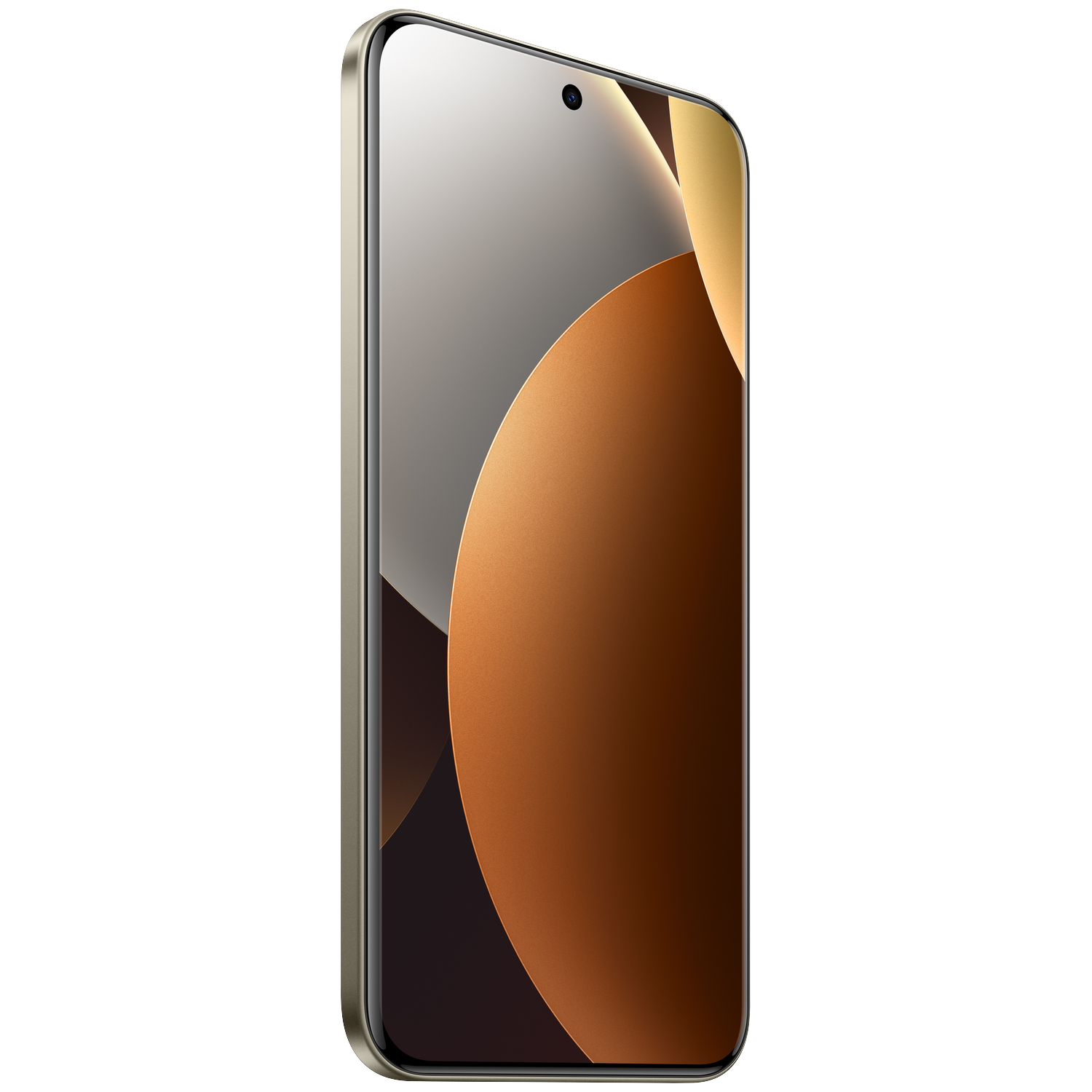 Een slanke smartphone met een gouden en grijze achtergrond, van de zijkant getoond.